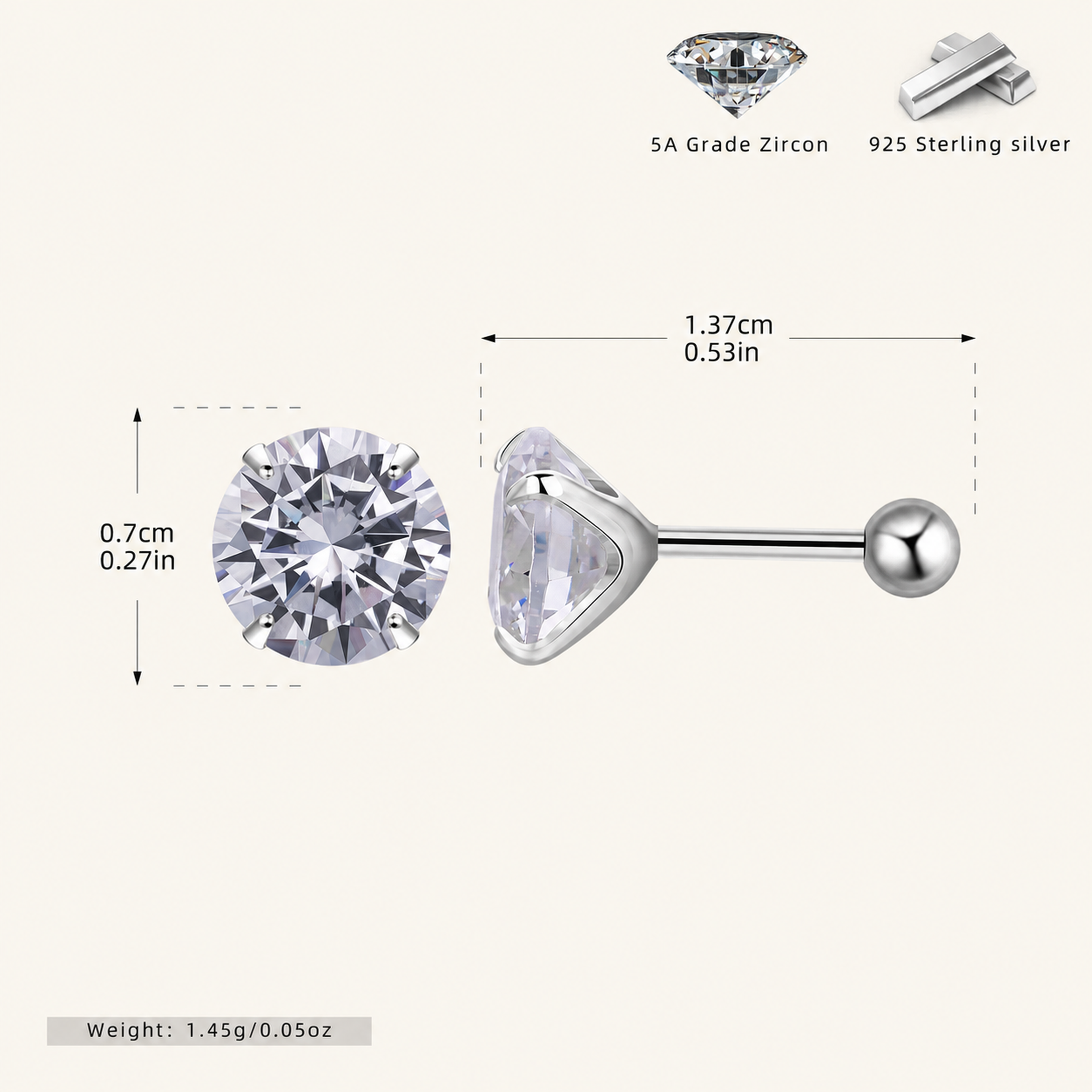 Sterling Silver Four-Prong Zirconia Flat Back Earrings - Platinum / 7mm