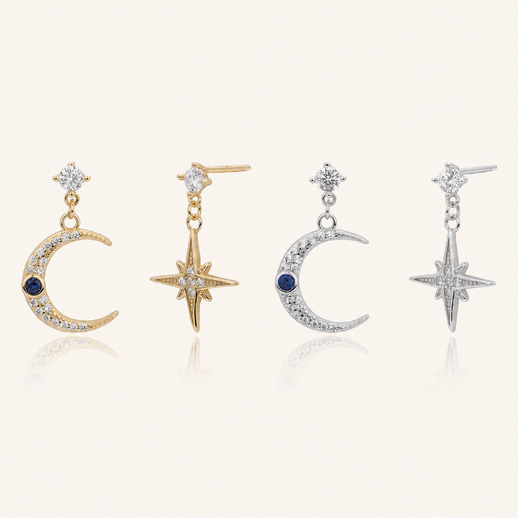Sterling Silver Star and Moon Chain Drop Stud Earrings