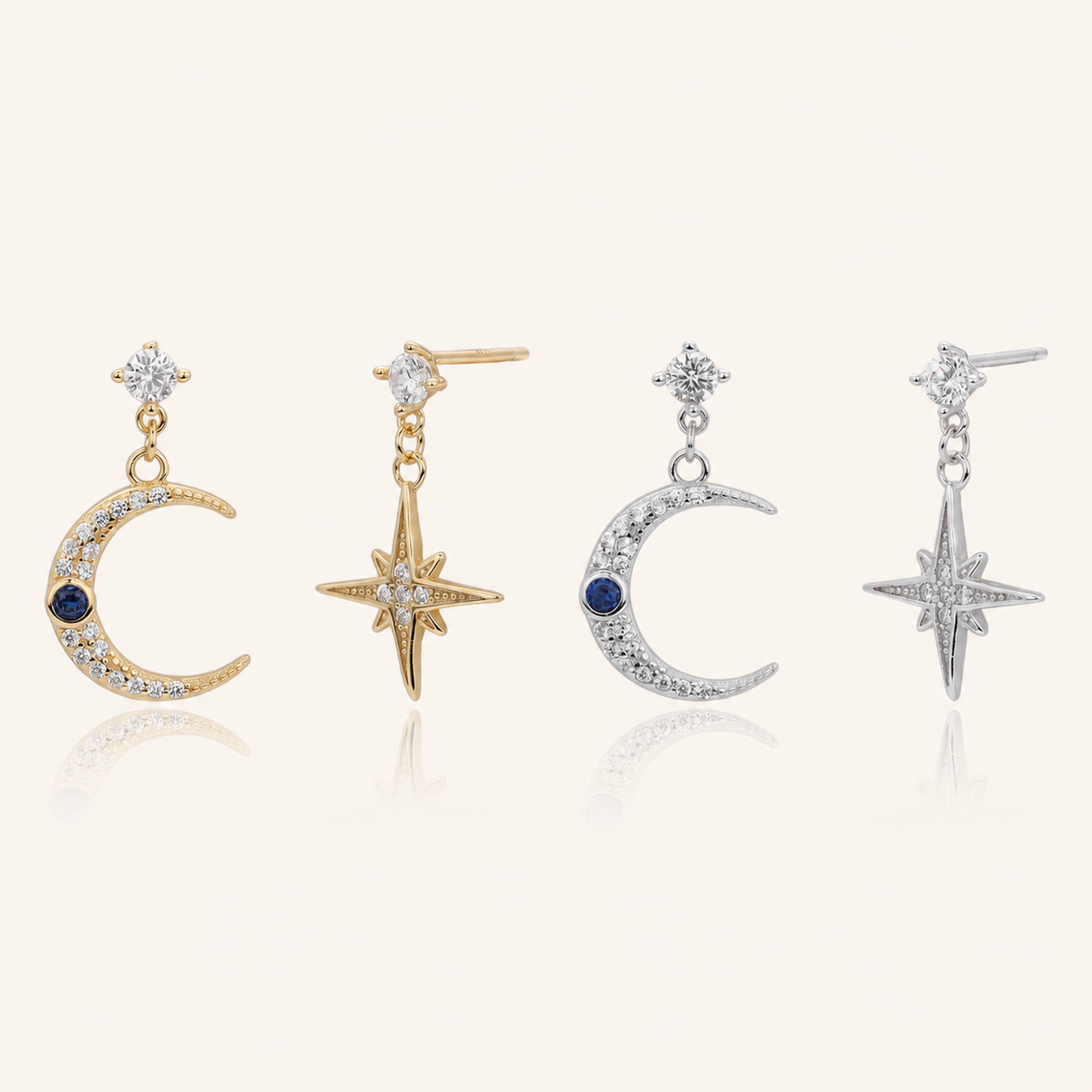 Sterling Silver Star and Moon Chain Drop Stud Earrings