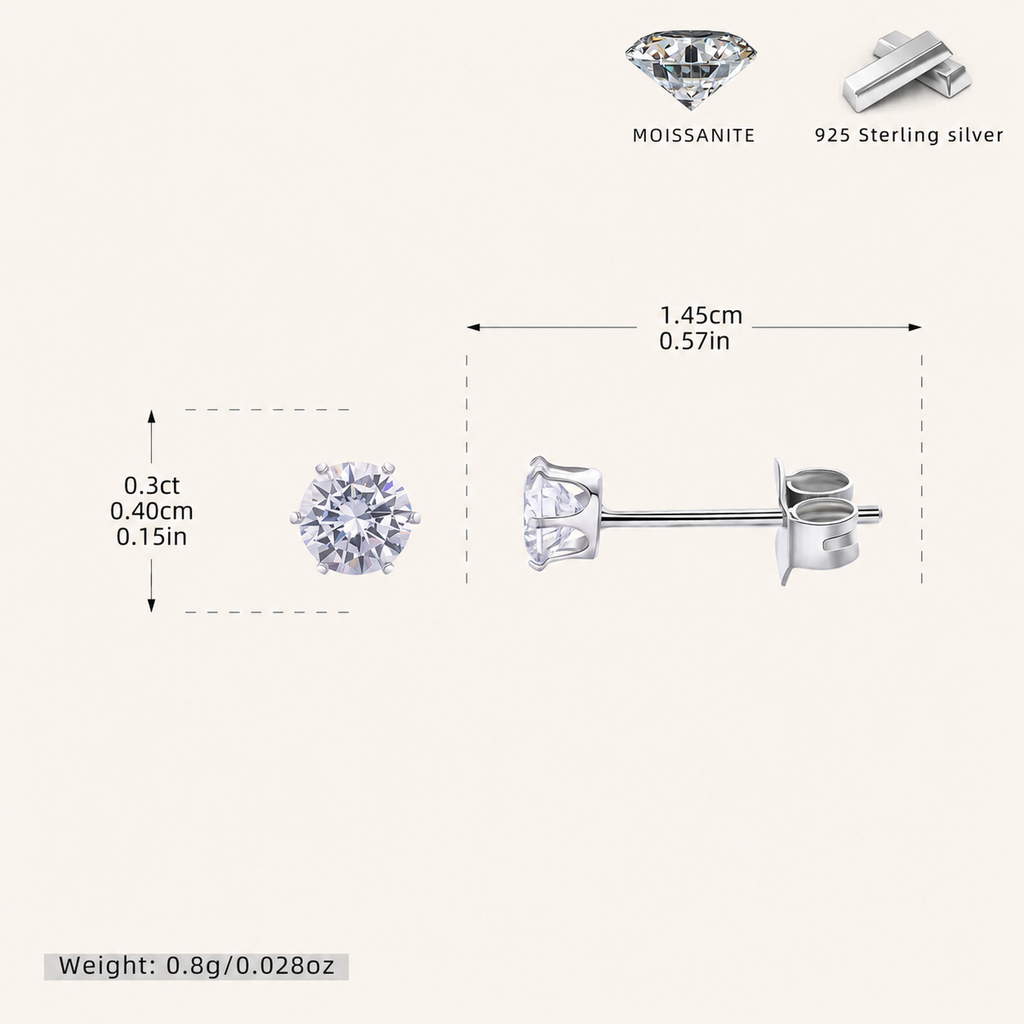 Sterling Silver Six-Prong Moissanite Solitaire Stud Earrings - Platinum / 4mm