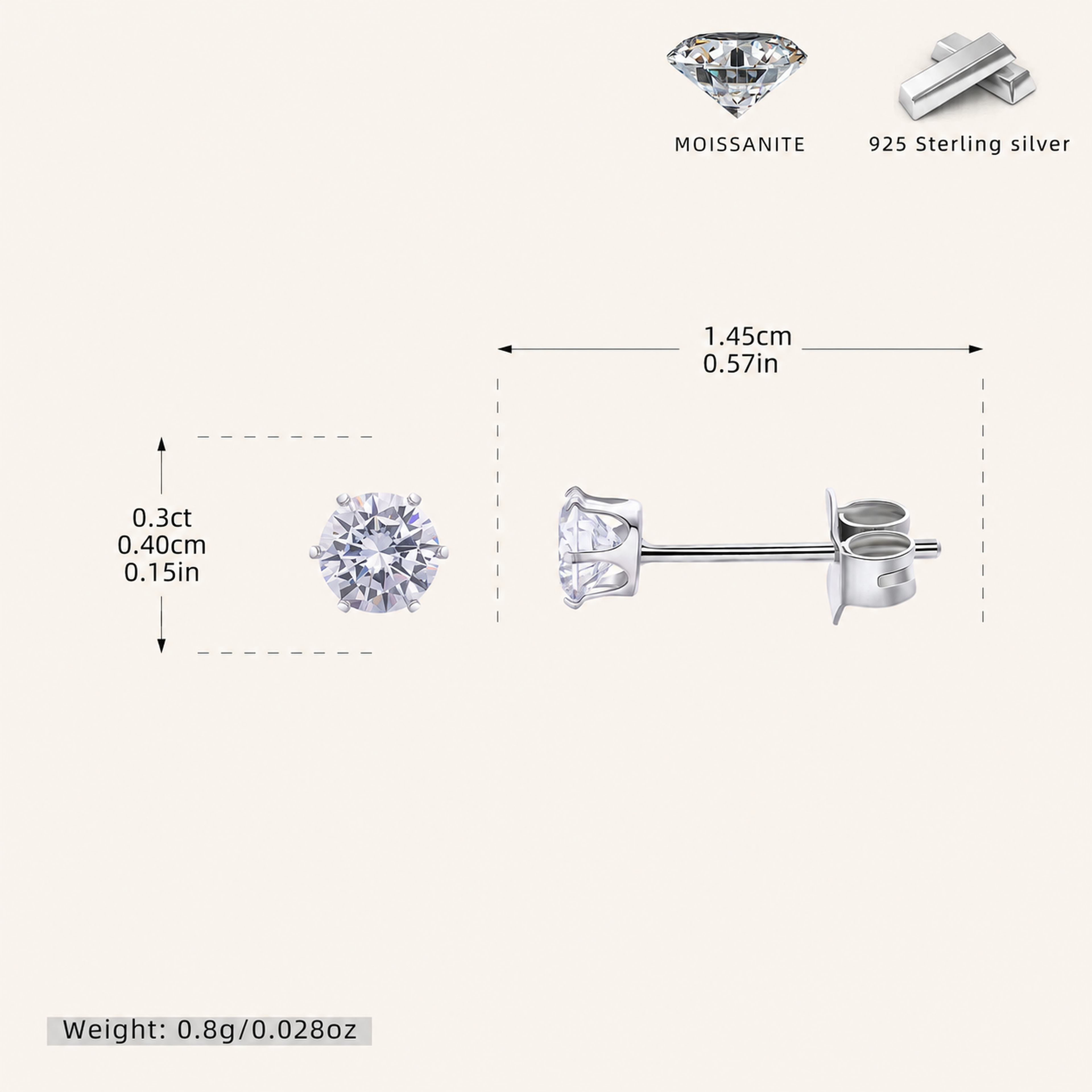 Sterling Silver Six-Prong Moissanite Solitaire Stud Earrings - Platinum / 4mm