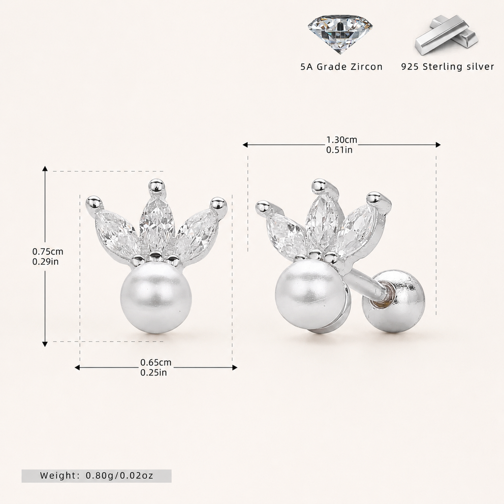 Sterling Silver Crown Pearl Zirconia Flat Back Earrings - Platinum