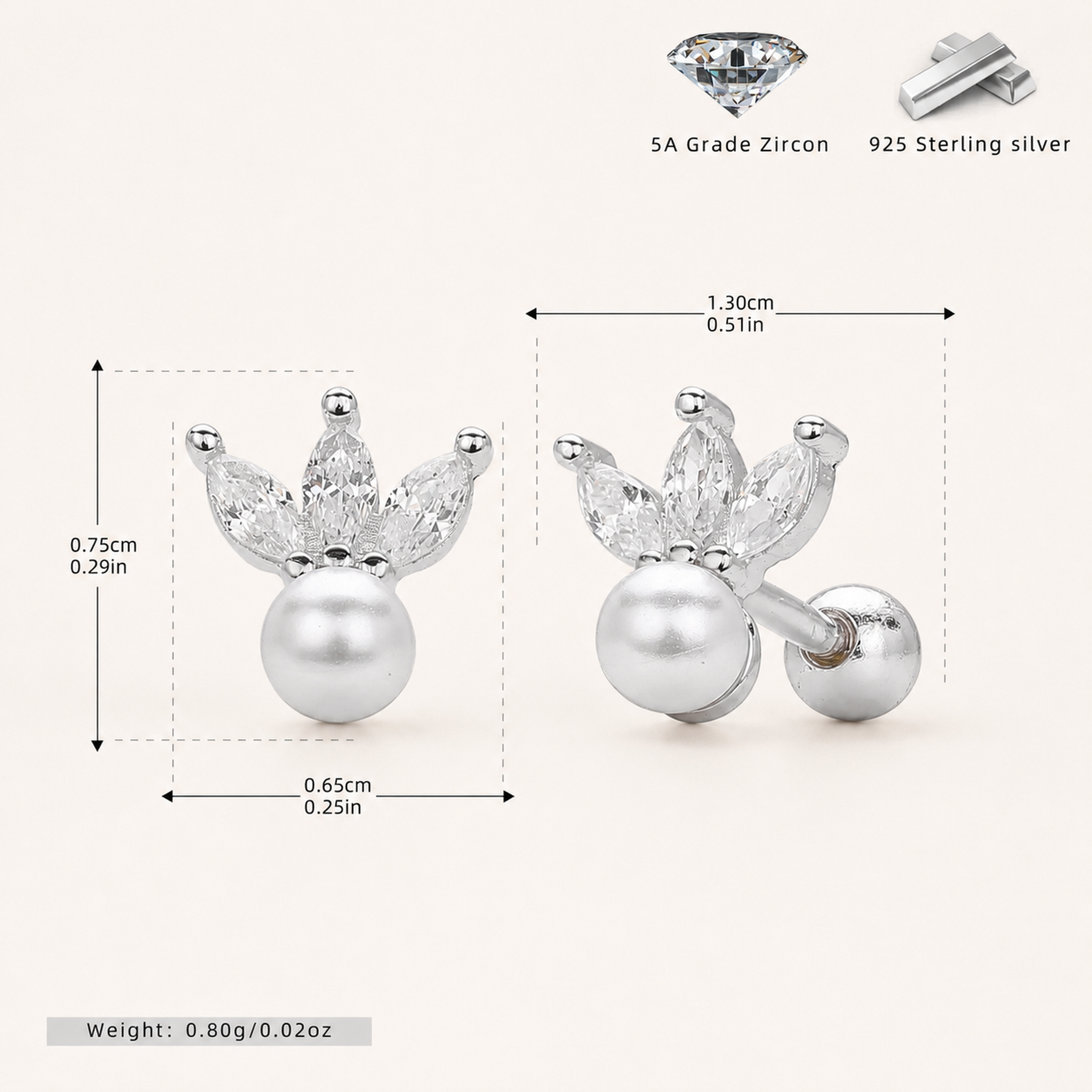 Sterling Silver Crown Pearl Zirconia Flat Back Earrings - Platinum