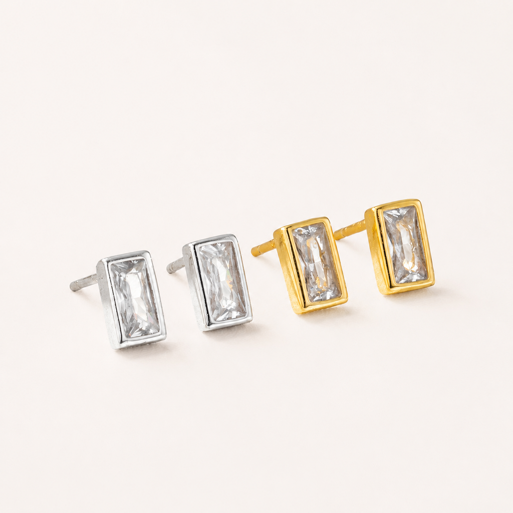 Sterling Silver Square Zirconia Stud Earrings detail view