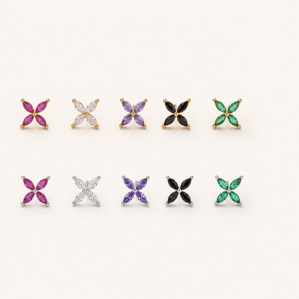 Sterling Silver Marquise Zirconia Flower Stud Earrings detail