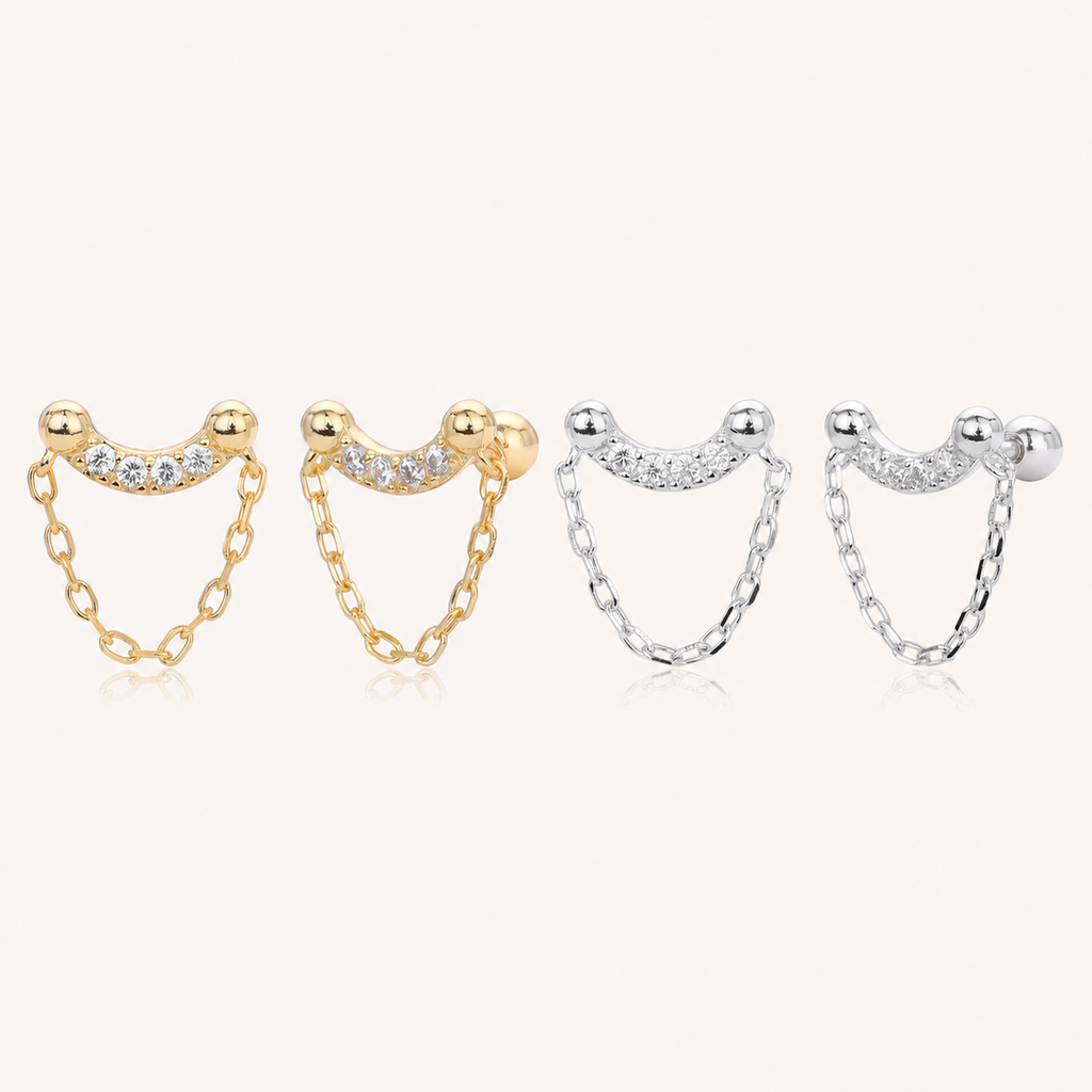 Sterling Silver Twisted Bead Zirconia Drop Flat Back Earrings