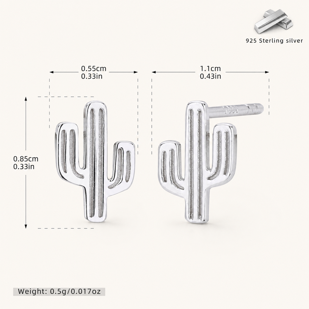 Sterling Silver Cactus Stud Earrings - Platinum