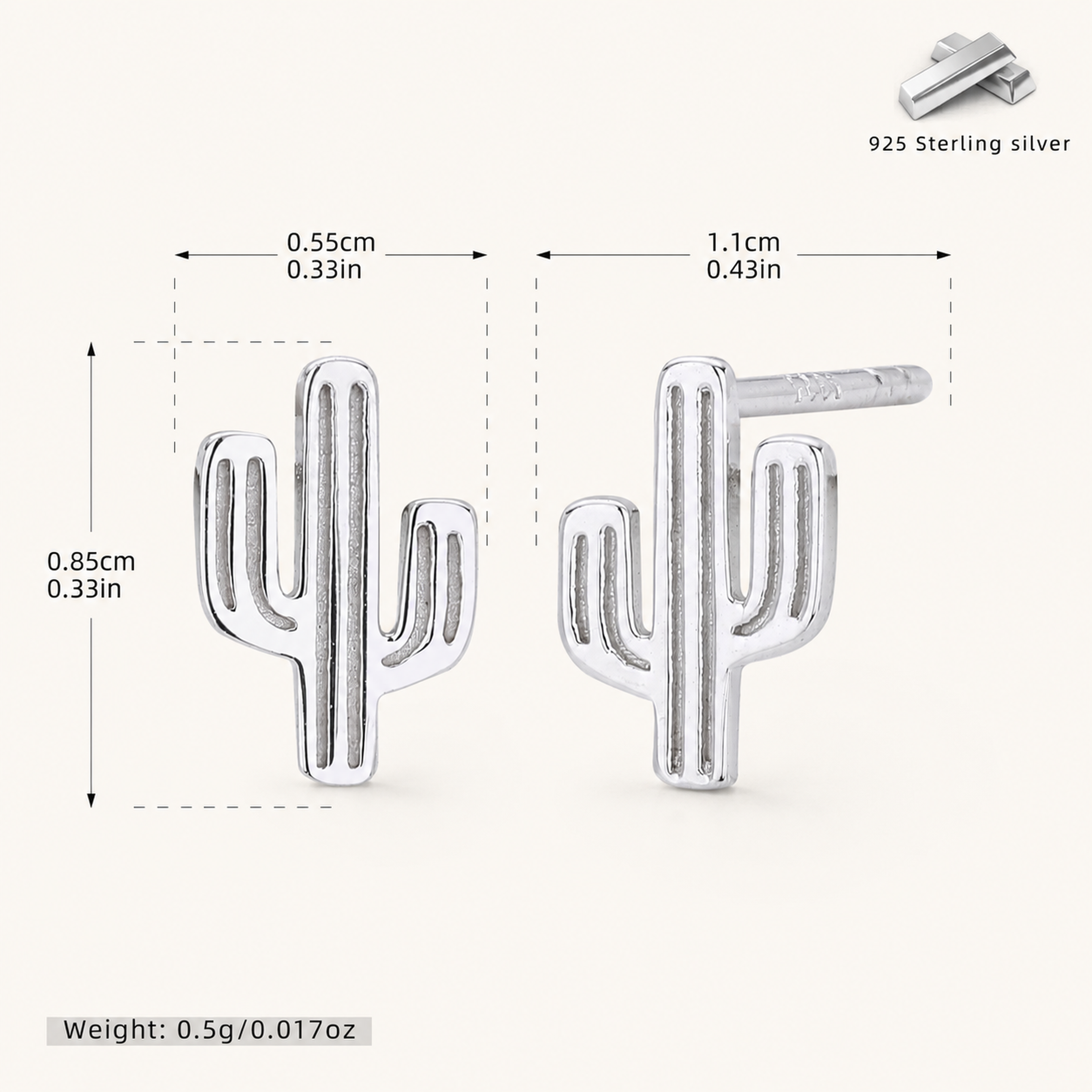 Sterling Silver Cactus Stud Earrings - Platinum