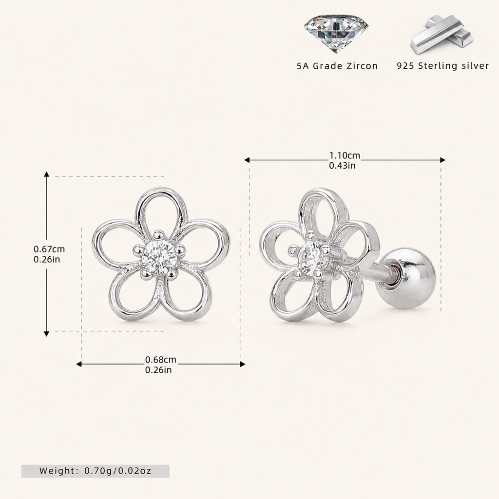 Sterling Silver Openwork Flower Flat Back Earrings - Platinum
