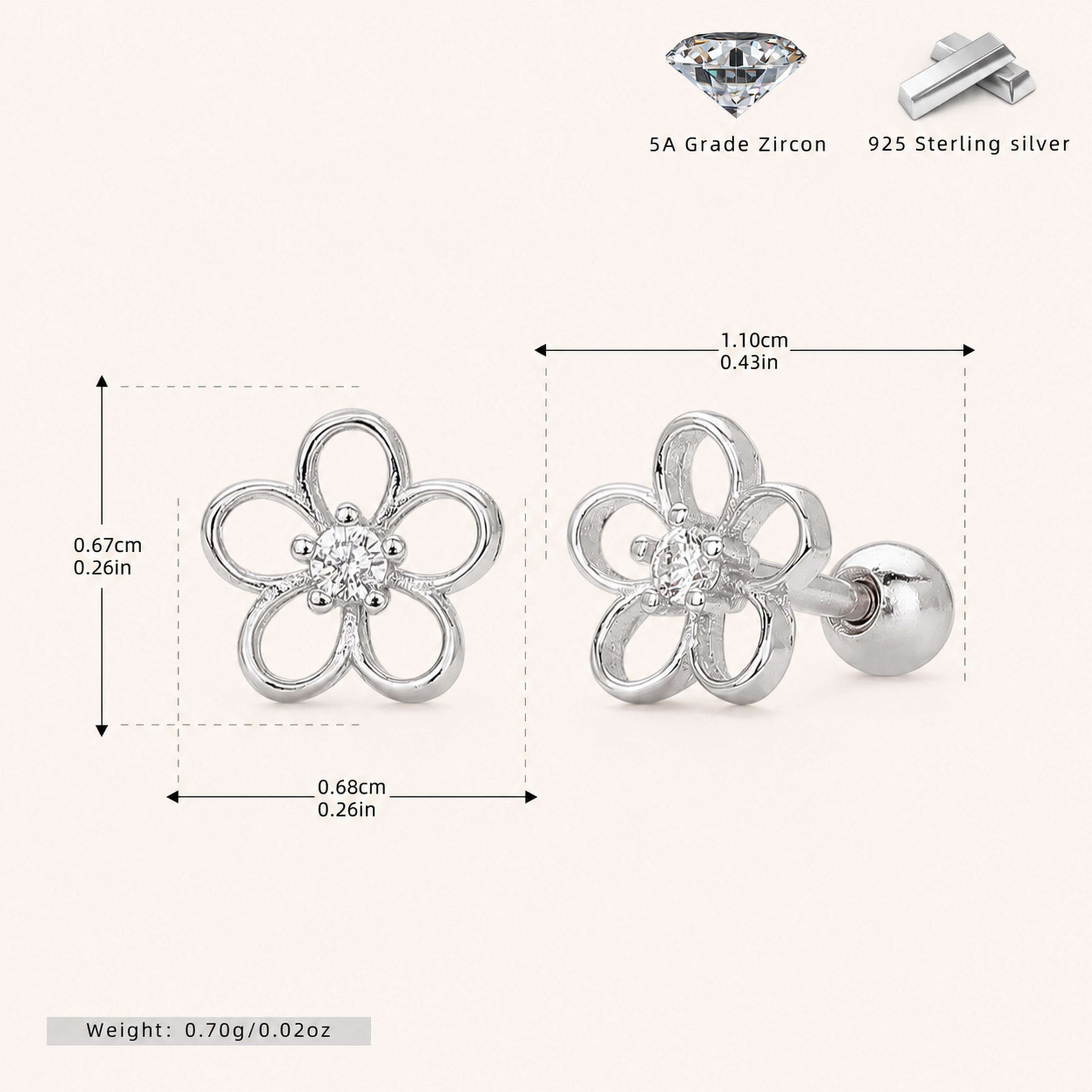 Sterling Silver Openwork Flower Flat Back Earrings - Platinum