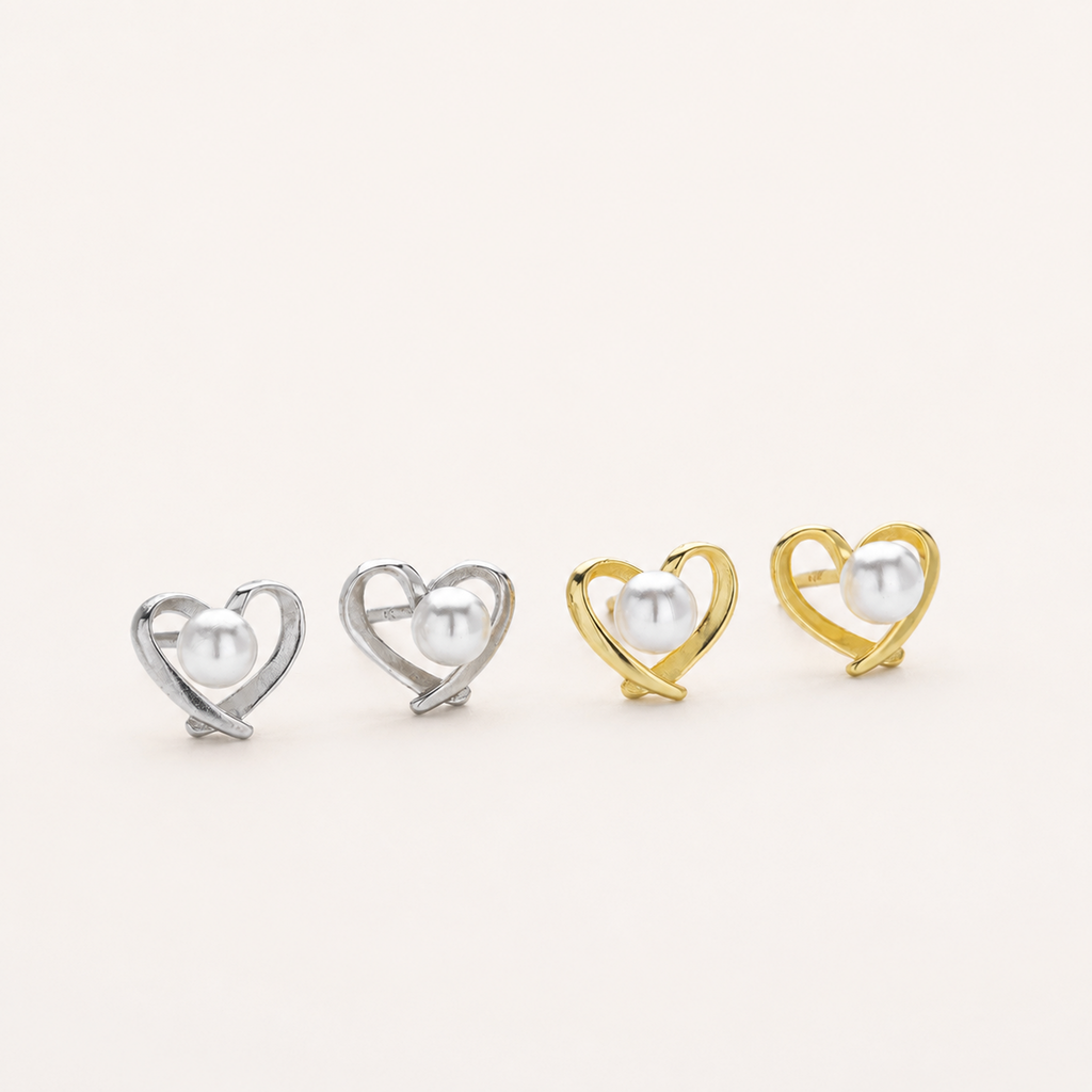 Sterling Silver Pearl Heart Stud Earrings detail