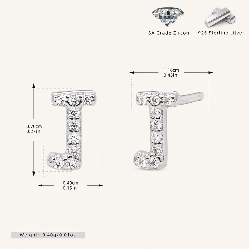 Sterling Silver Pave Initial Letter Stud Earrings - Platinum / J