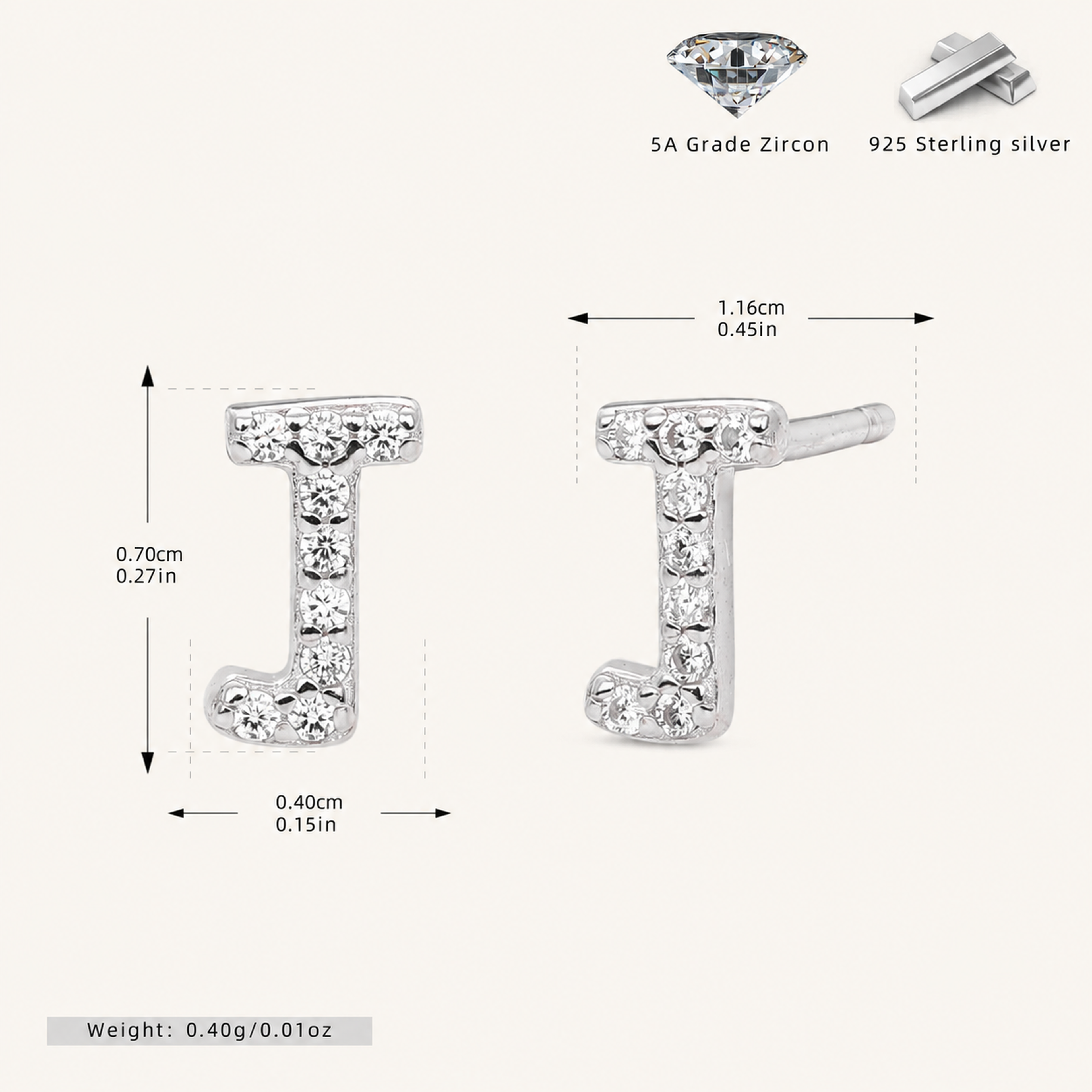 Sterling Silver Pave Initial Letter Stud Earrings - Platinum / J