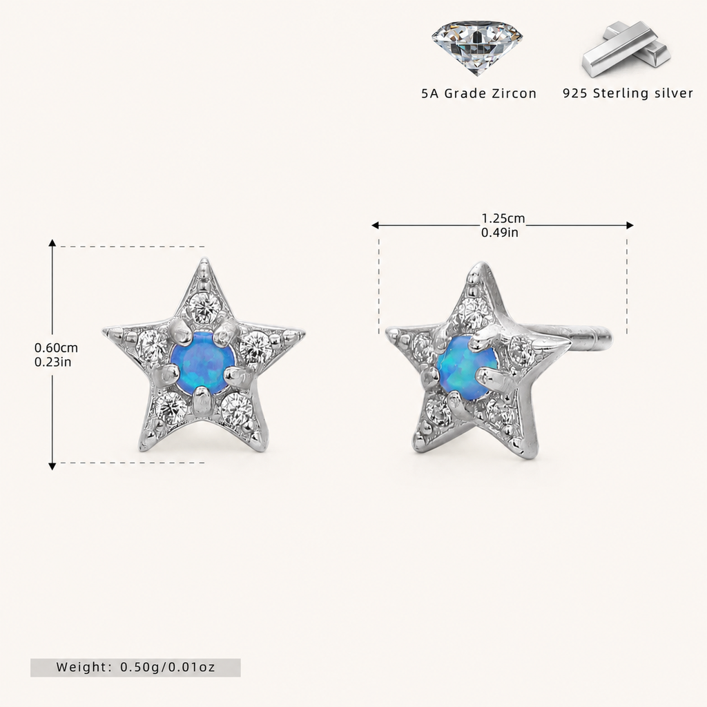 Sterling Silver Blue Opal Star Stud Earrings - Platinum