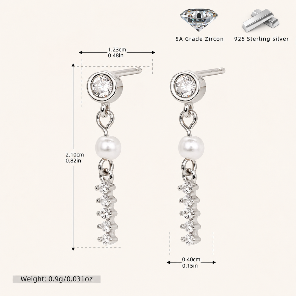 Sterling Silver Pearl & Zirconia Chain Drop Stud Earrings - Platinum / 1