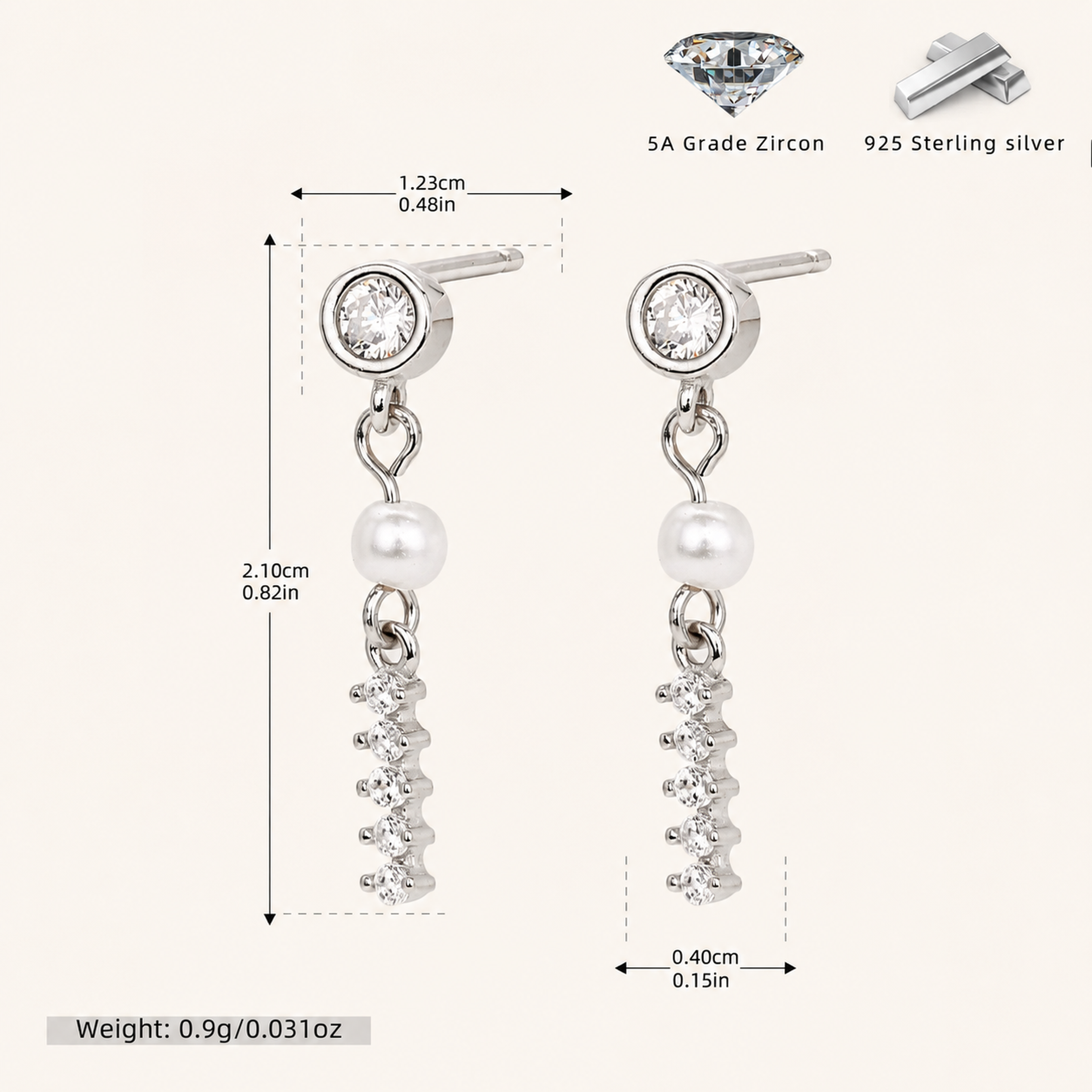 Sterling Silver Pearl & Zirconia Chain Drop Stud Earrings - Platinum / 1