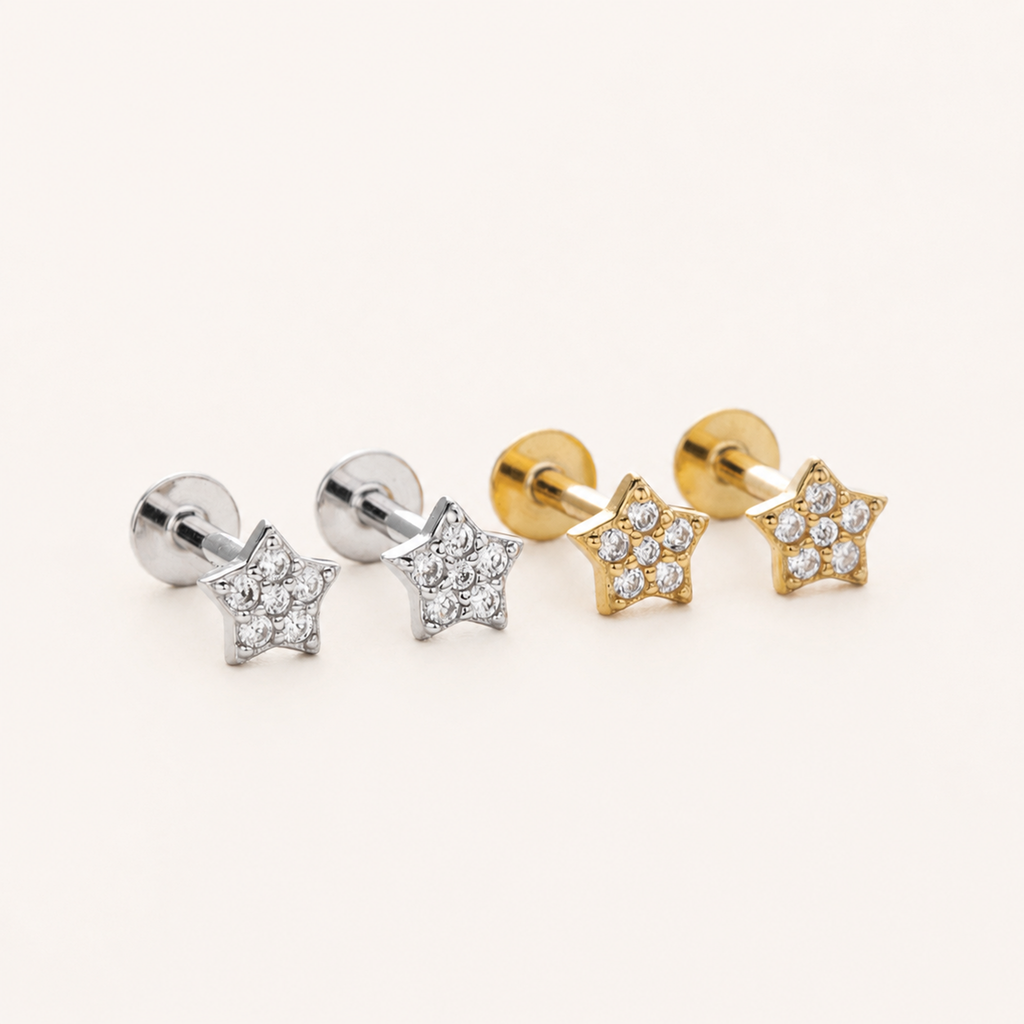 Sterling Silver Five-Point Star Zirconia Flat Back Earrings detail view