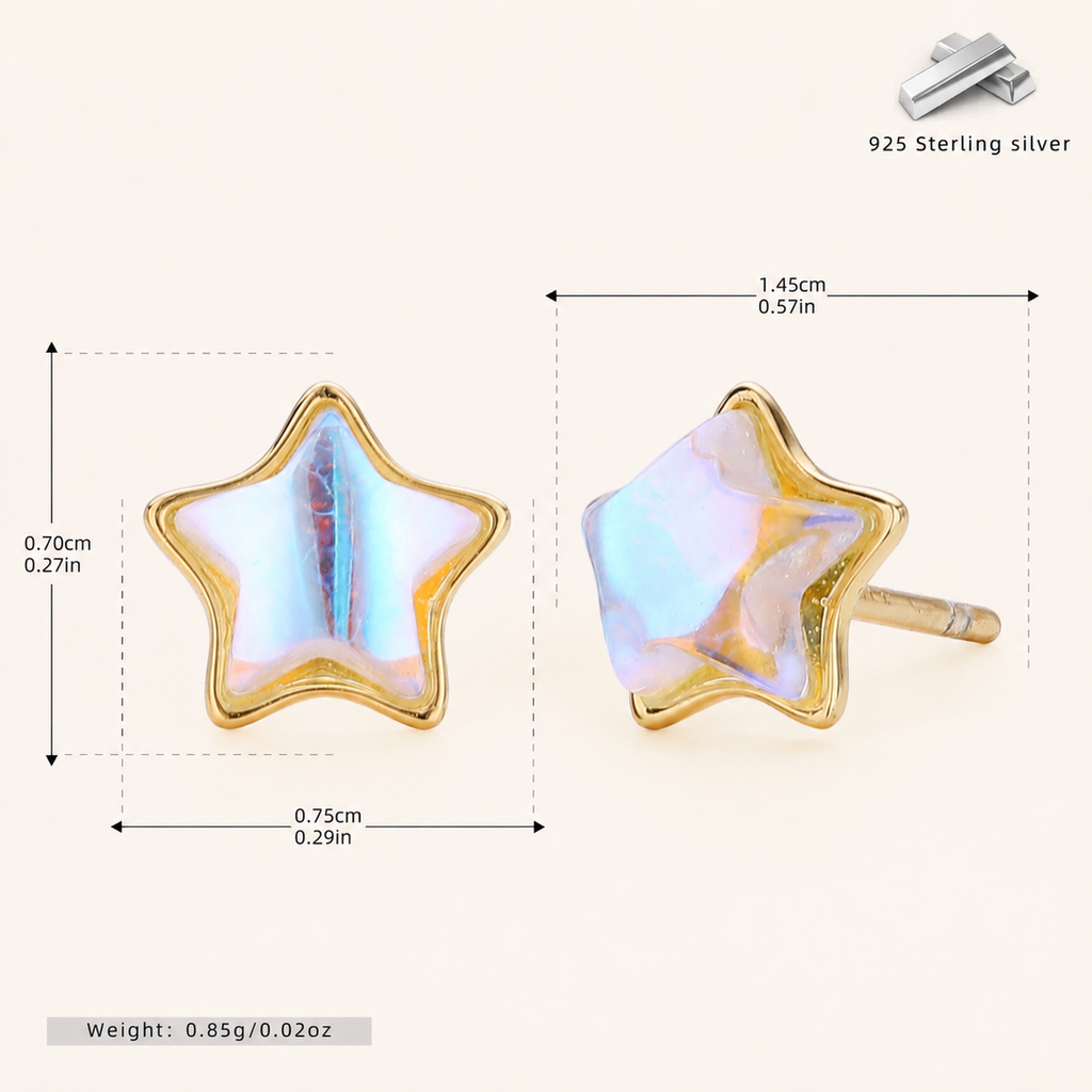 Sterling Silver Moonstone Star Stud Earrings - Gold