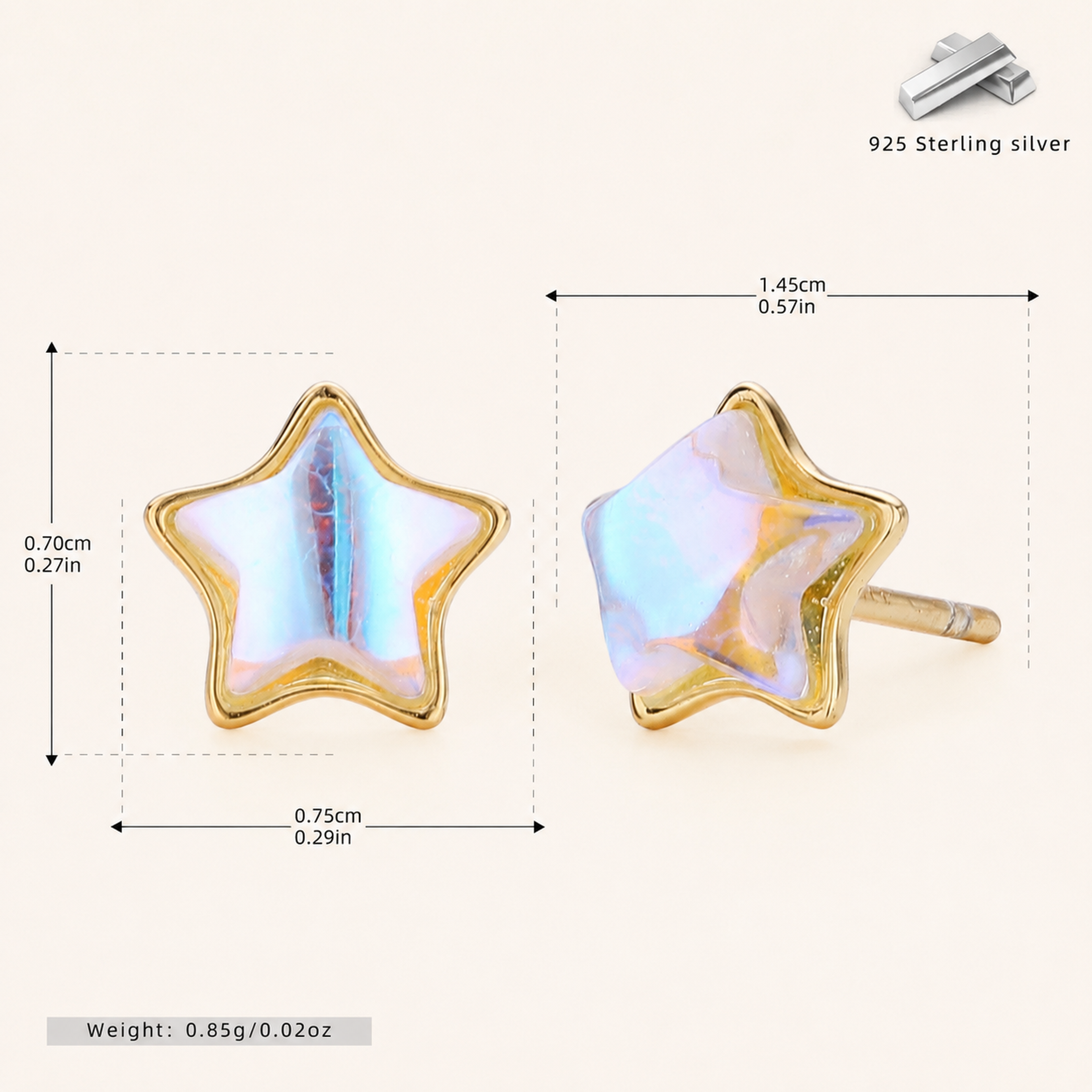 Sterling Silver Moonstone Star Stud Earrings - Gold