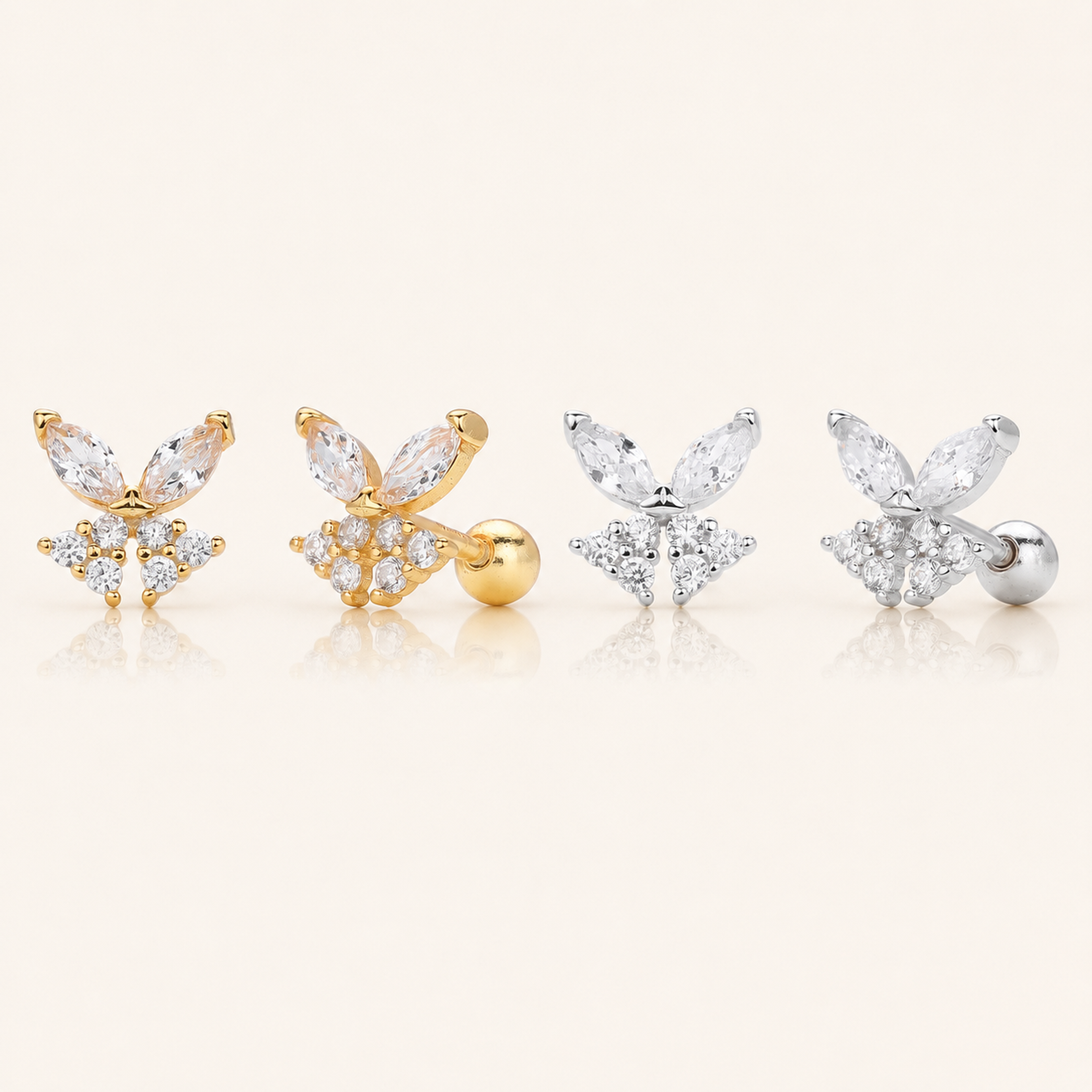 Sterling Silver Zirconia Butterfly Flat Back Earrings