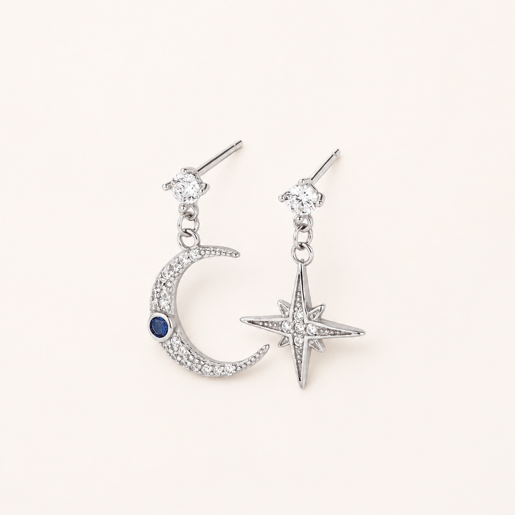 Sterling Silver Star and Moon Chain Drop Stud Earrings detail view