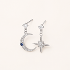 Sterling Silver Star and Moon Chain Drop Stud Earrings detail view