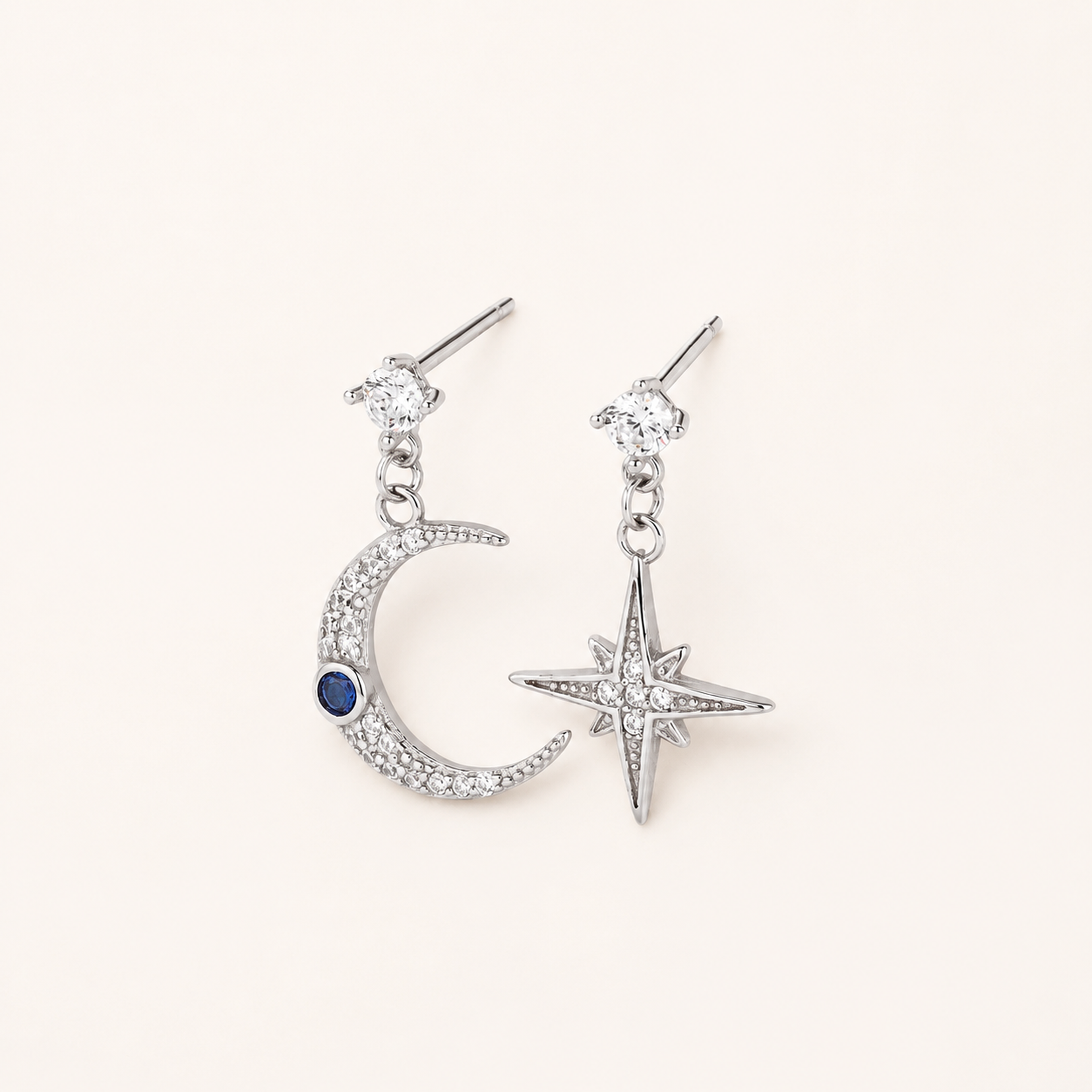 Sterling Silver Star and Moon Chain Drop Stud Earrings detail view