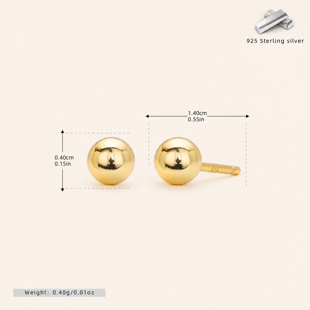 Sterling Silver Ball Bead Stud Earrings - Gold / 4mm