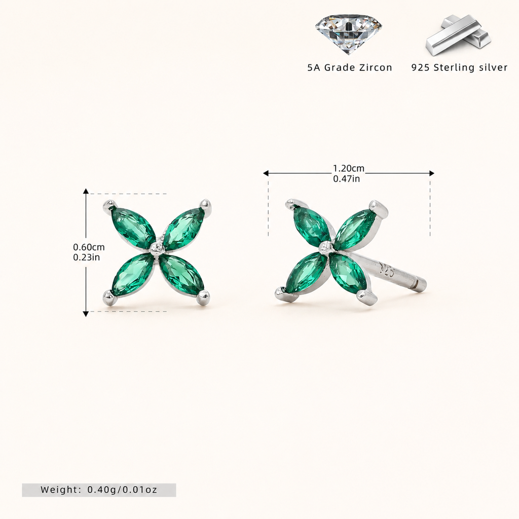 Sterling Silver Marquise Zirconia Flower Stud Earrings - Platinum / Emerald