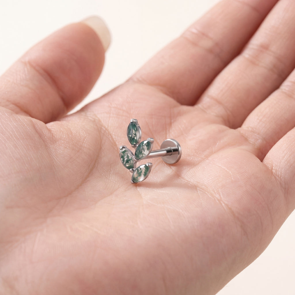 Moss Agate Leaf Spray Titanium Flat Back Earring - image 4