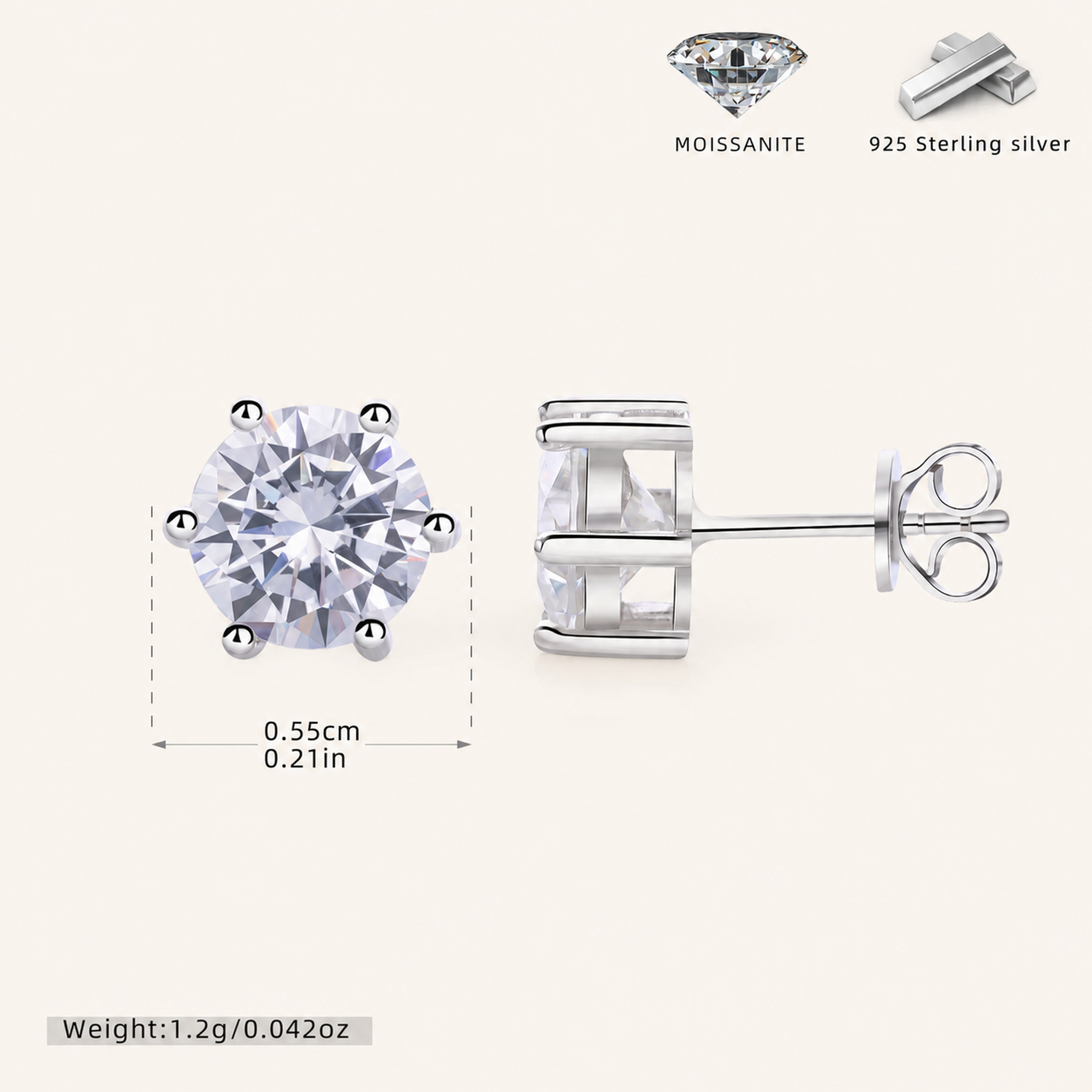 Sterling Silver Six-Prong Moissanite Stud Earrings - Platinum / 5mm