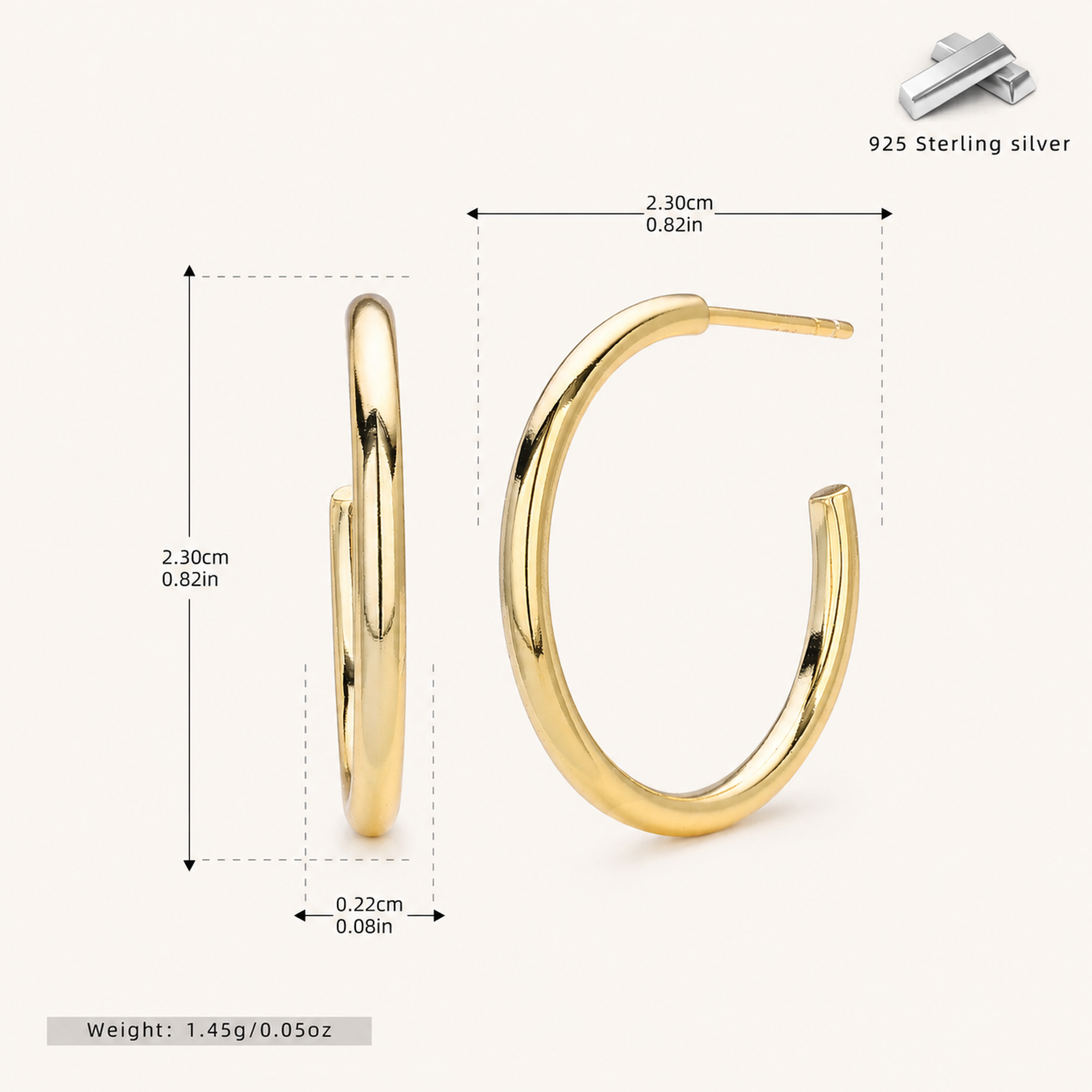 Sterling Silver Polished Round Hoop Earrings - Gold / 20mm