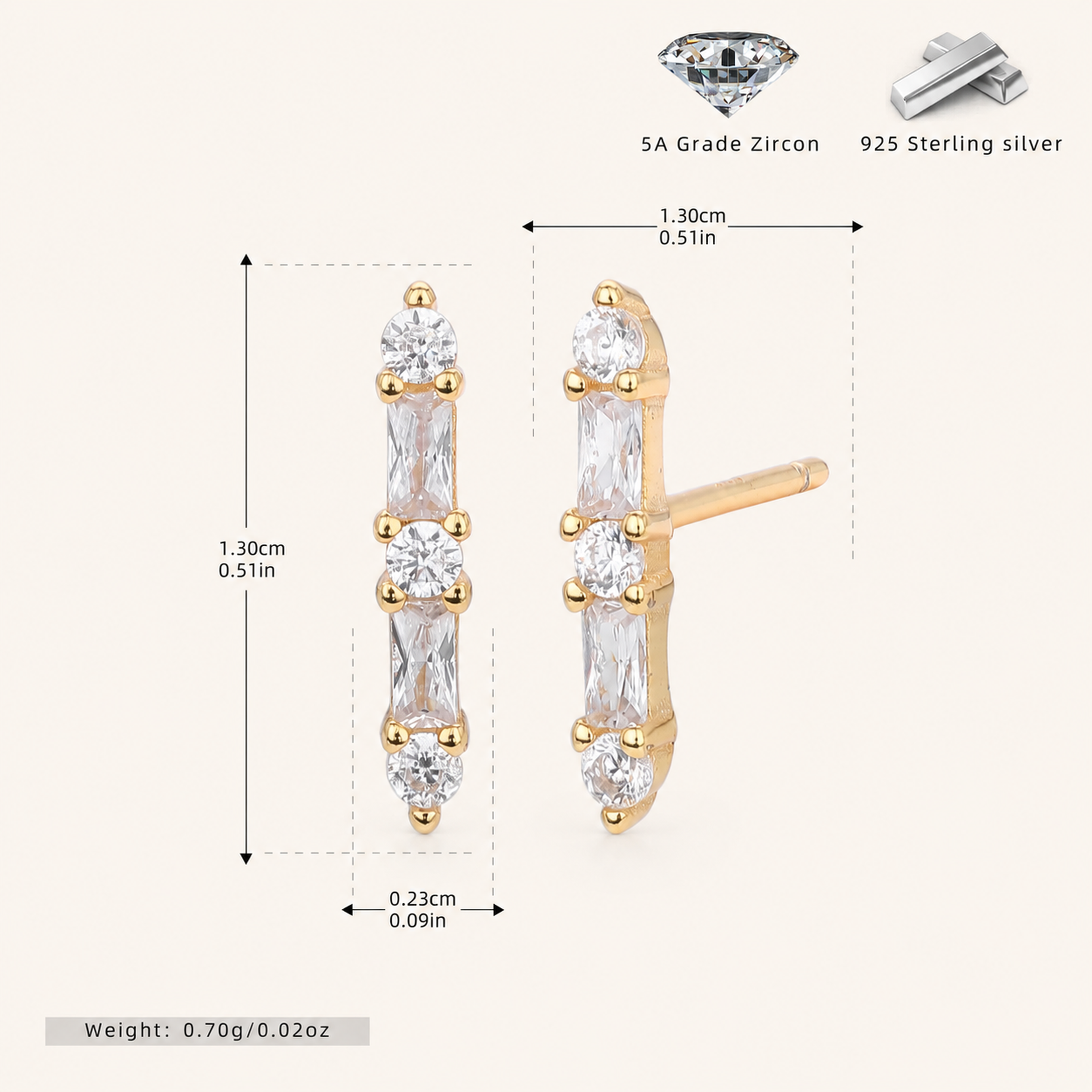 Sterling Silver Zirconia Bar Stud Earrings - Gold