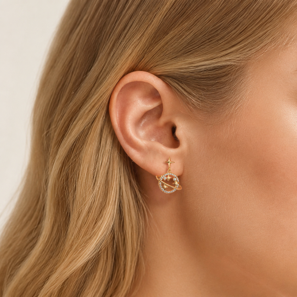 Sterling Silver Openwork Planet & Star Stud Earrings worn on the ear