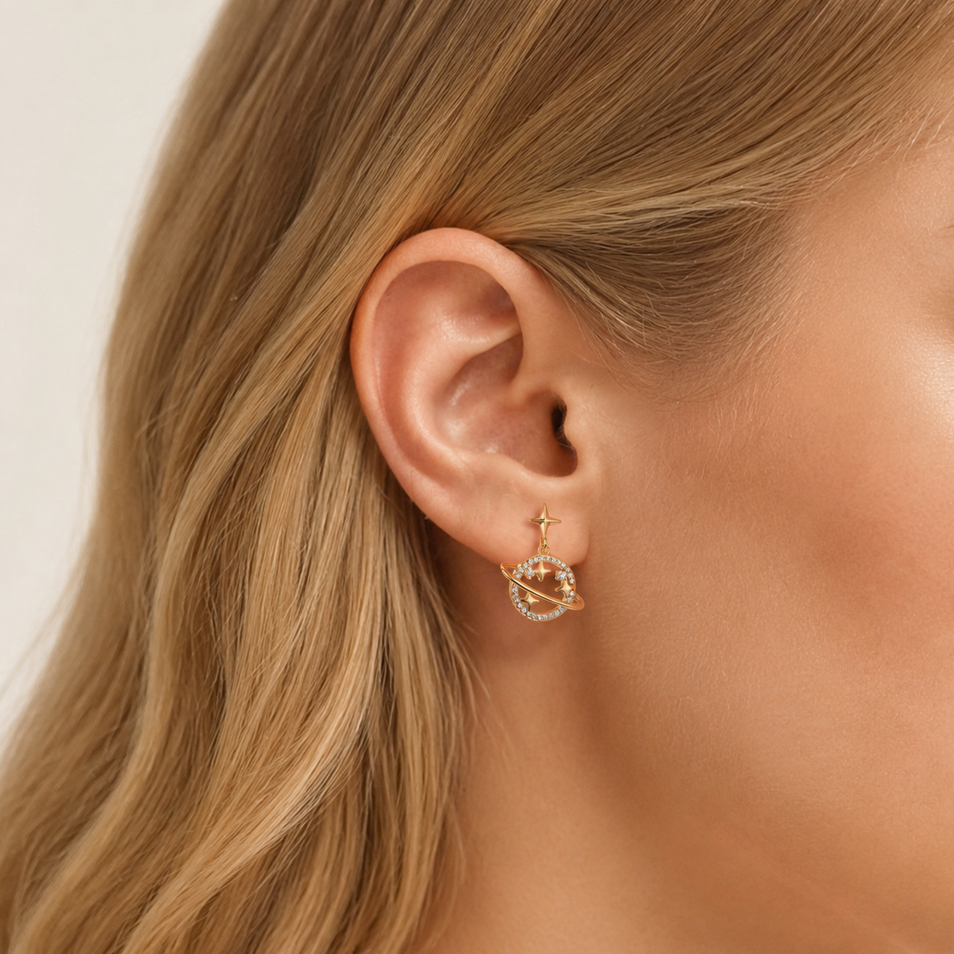 Sterling Silver Openwork Planet & Star Stud Earrings worn on the ear