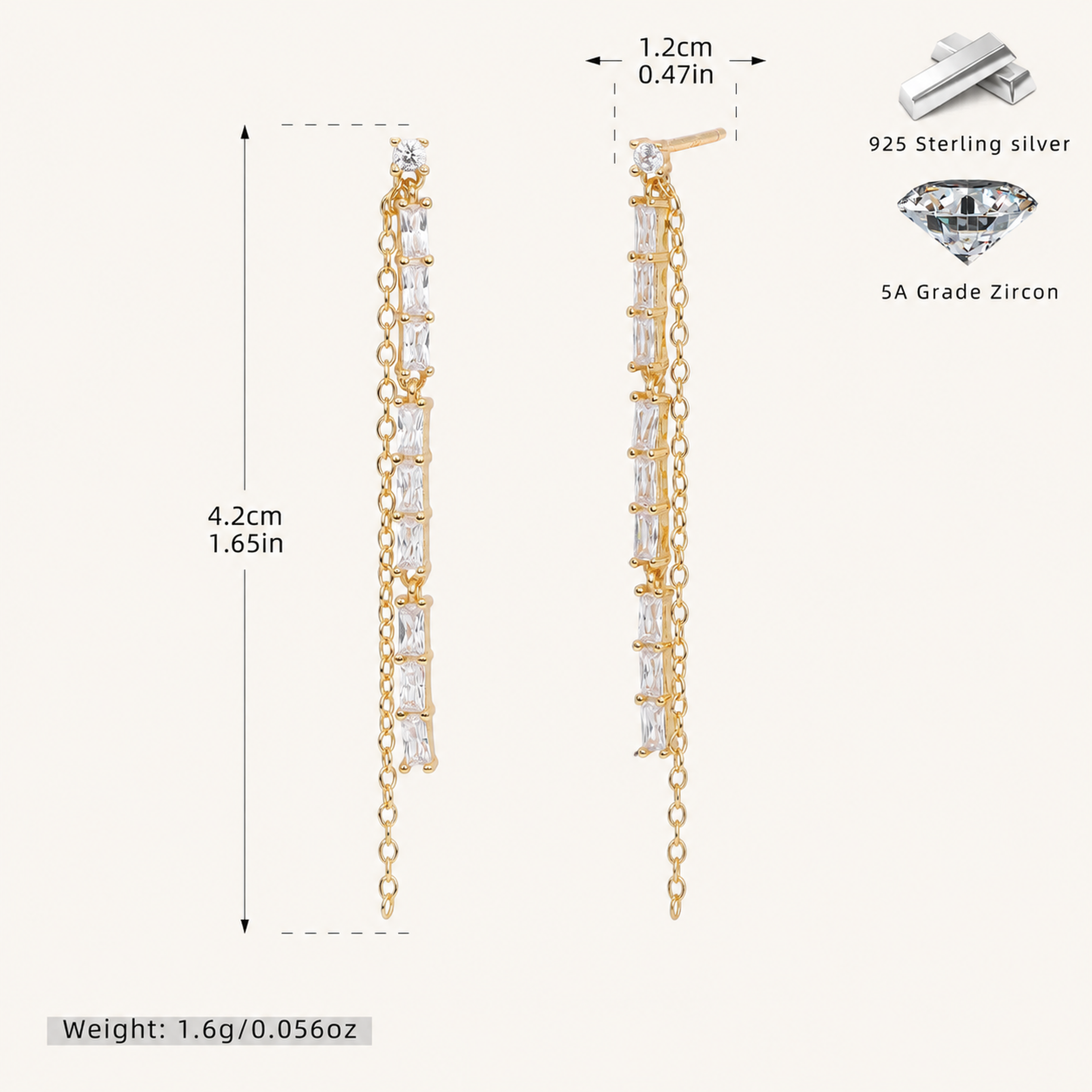 Sterling Silver French Tassel Drop Earrings - Gold