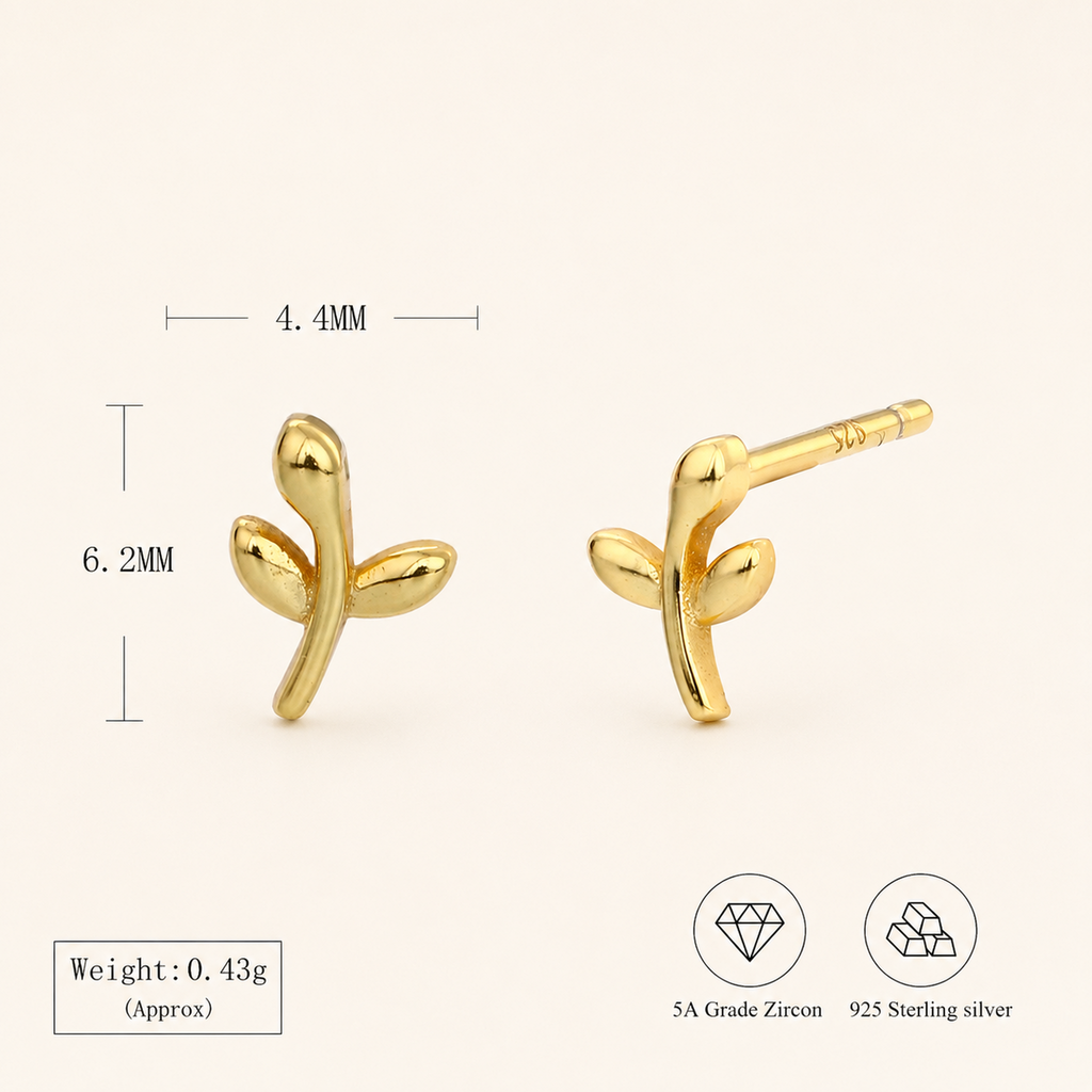 Sterling Silver Leaf Stud Earrings - Gold