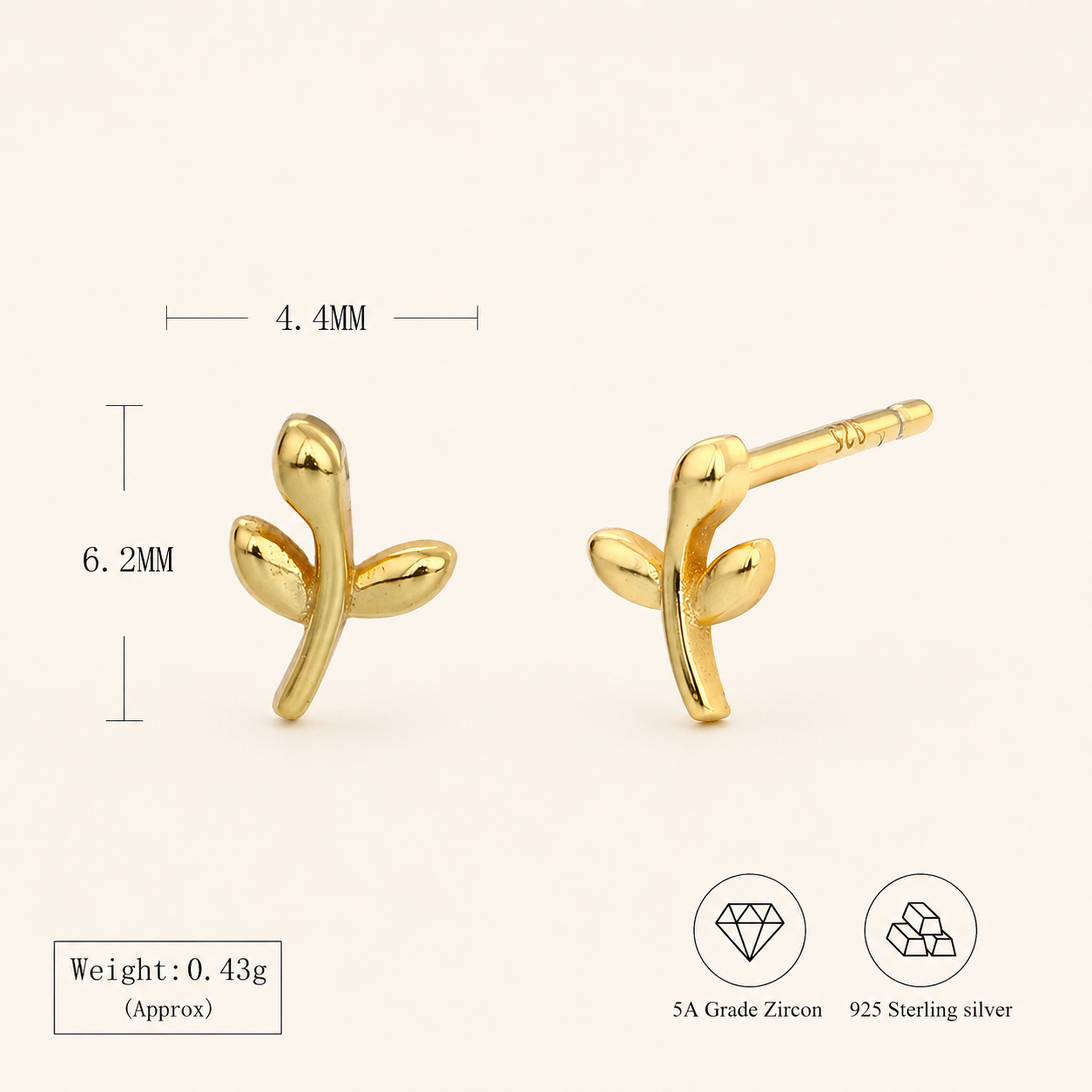 Sterling Silver Leaf Stud Earrings - Gold