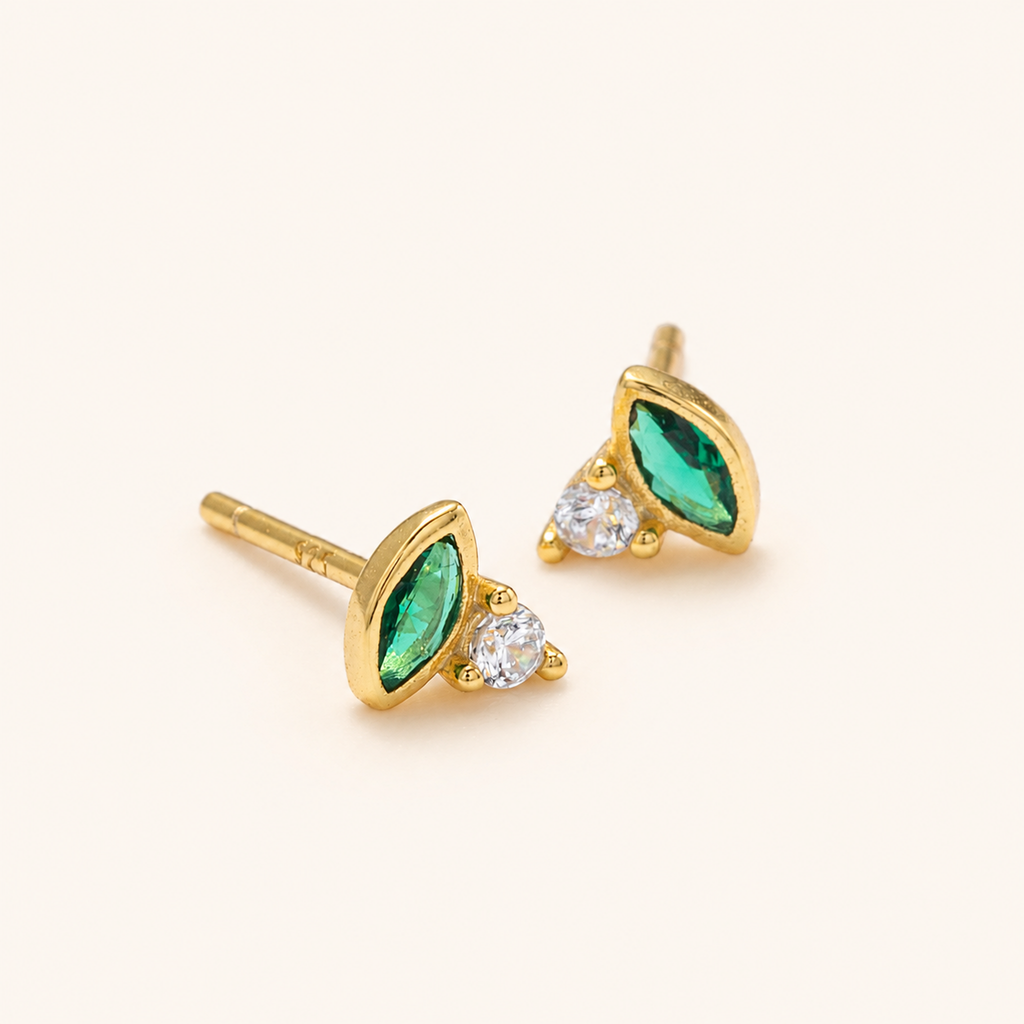 Sterling Silver French Emerald-Green Zirconia Stud Earrings detail