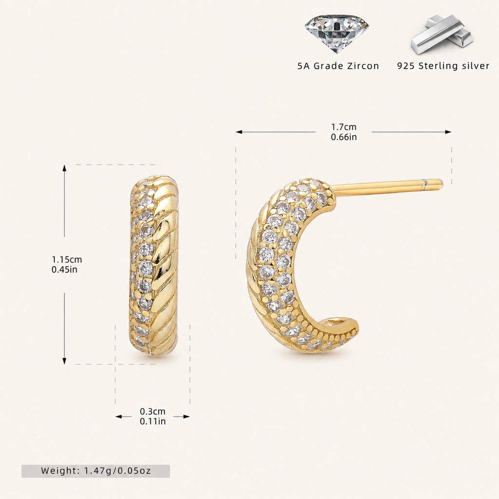 Sterling Silver French Minimalist Zirconia Stud Earrings - Gold