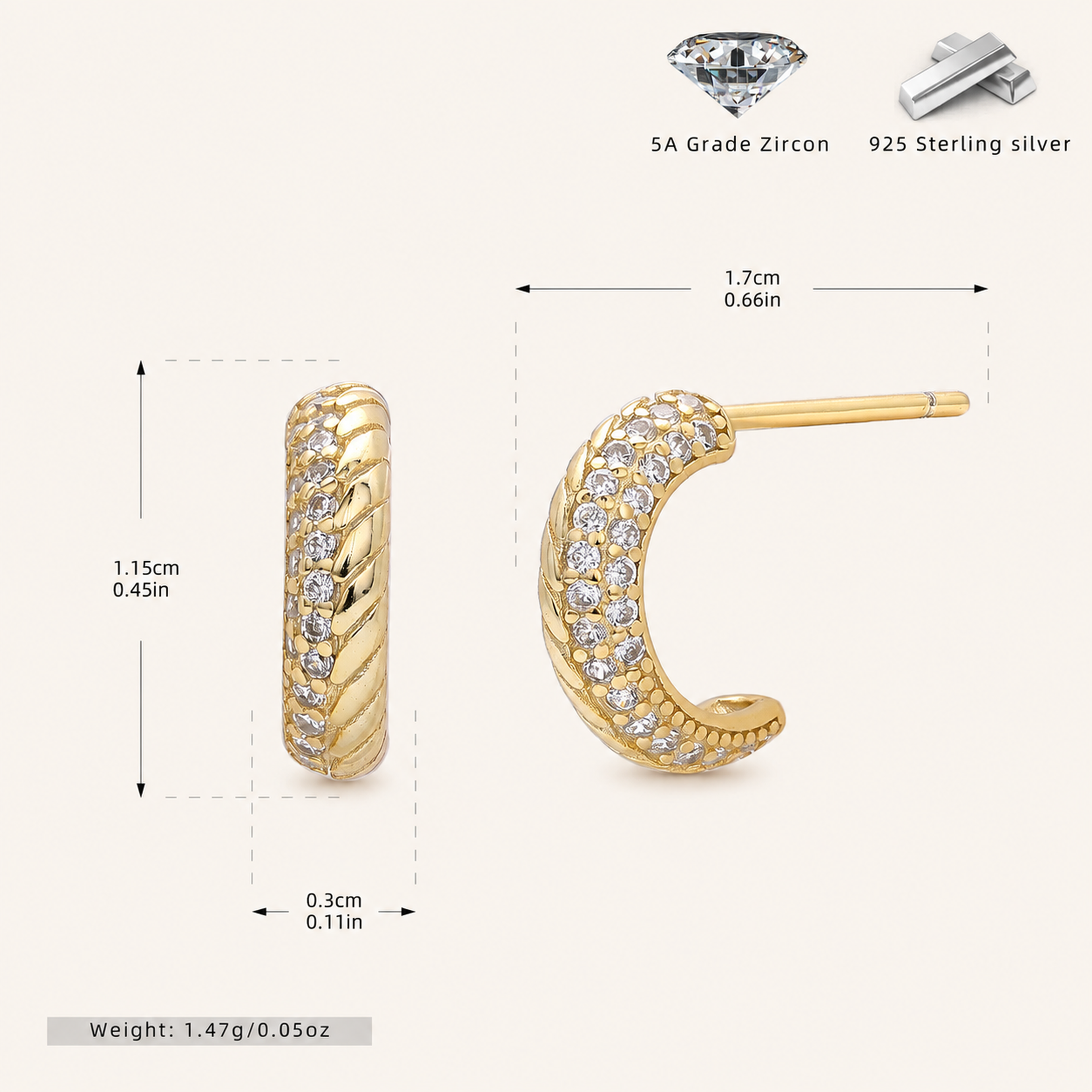 Sterling Silver French Minimalist Zirconia Stud Earrings - Gold