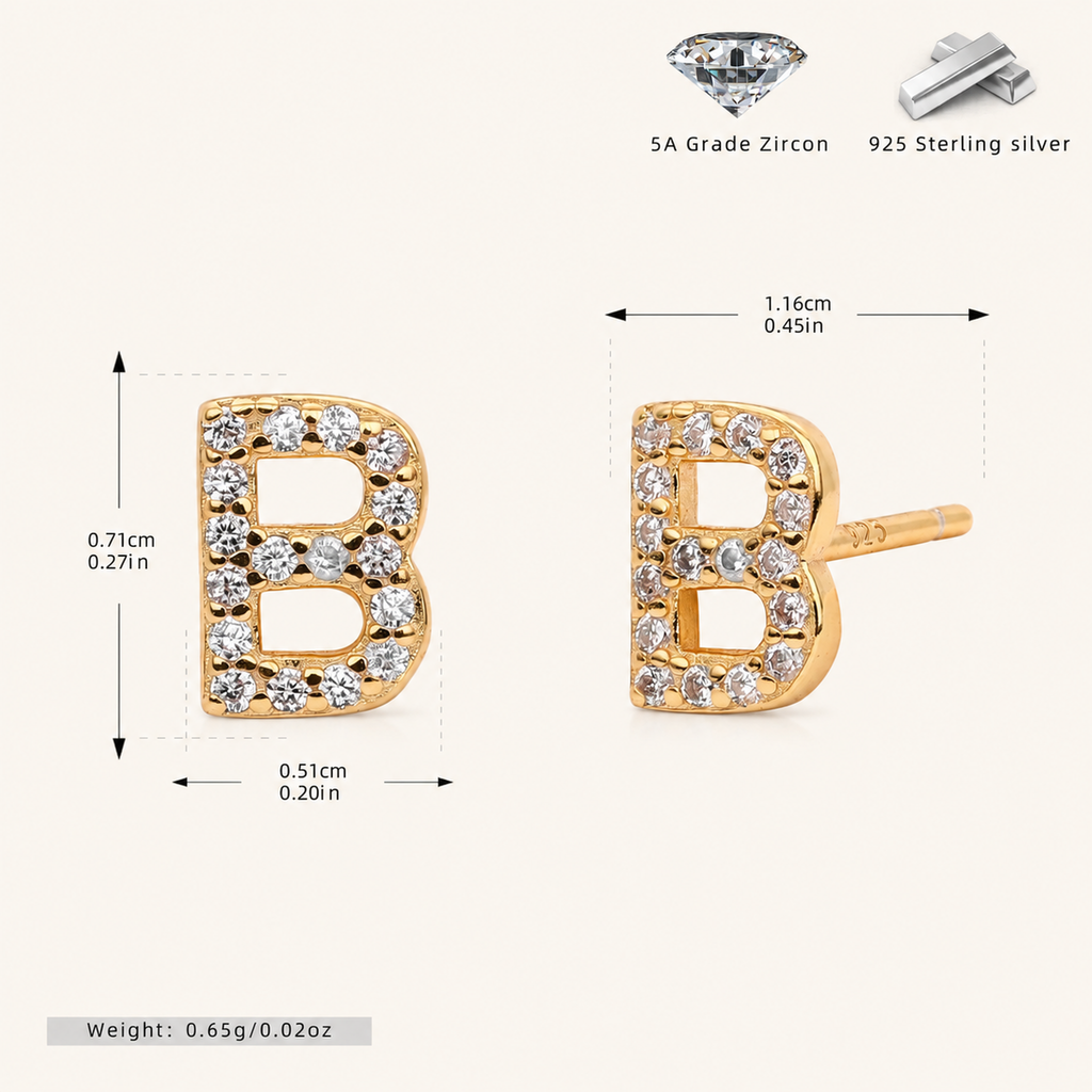 Sterling Silver Pave Initial Letter Stud Earrings - Gold / B