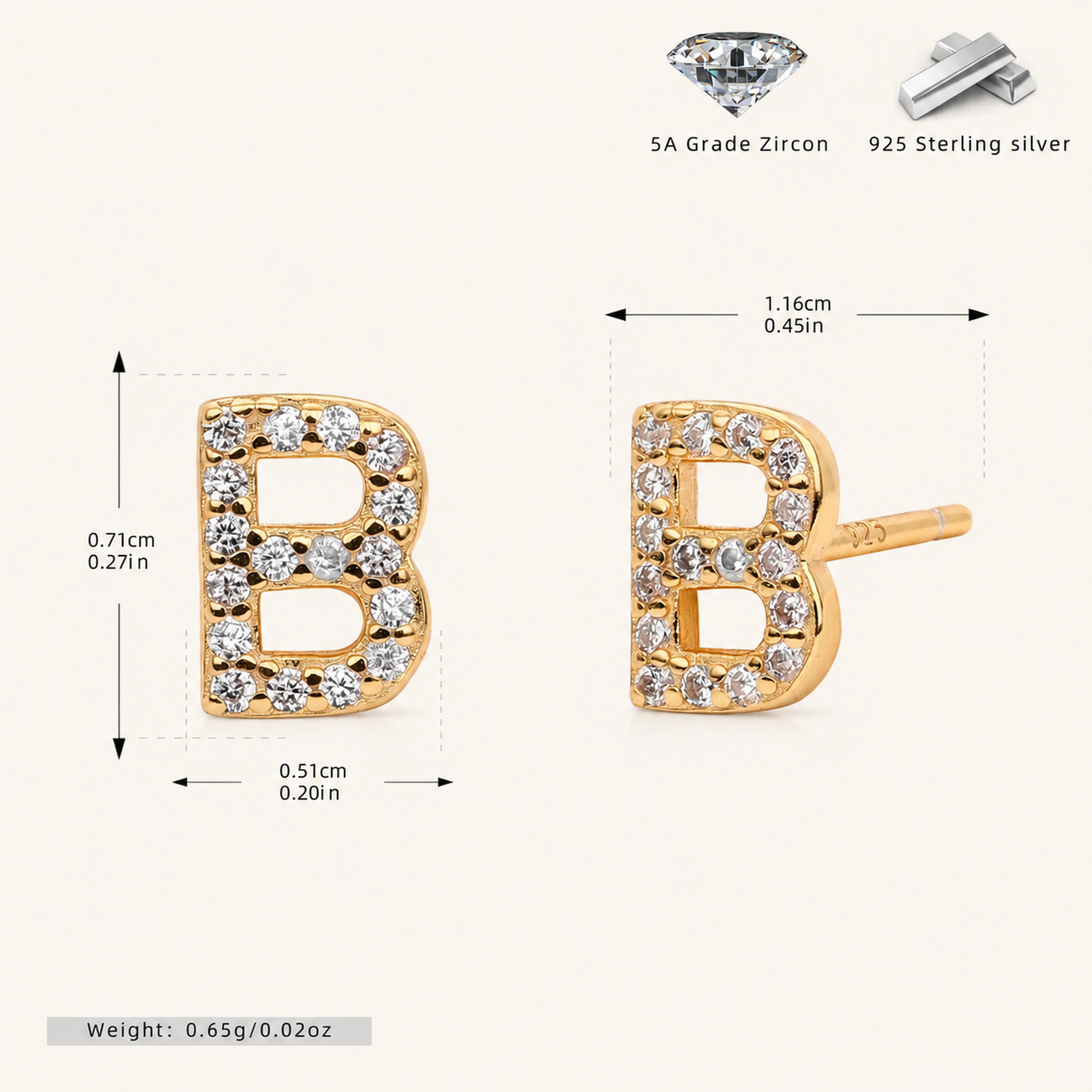 Sterling Silver Pave Initial Letter Stud Earrings - Gold / B