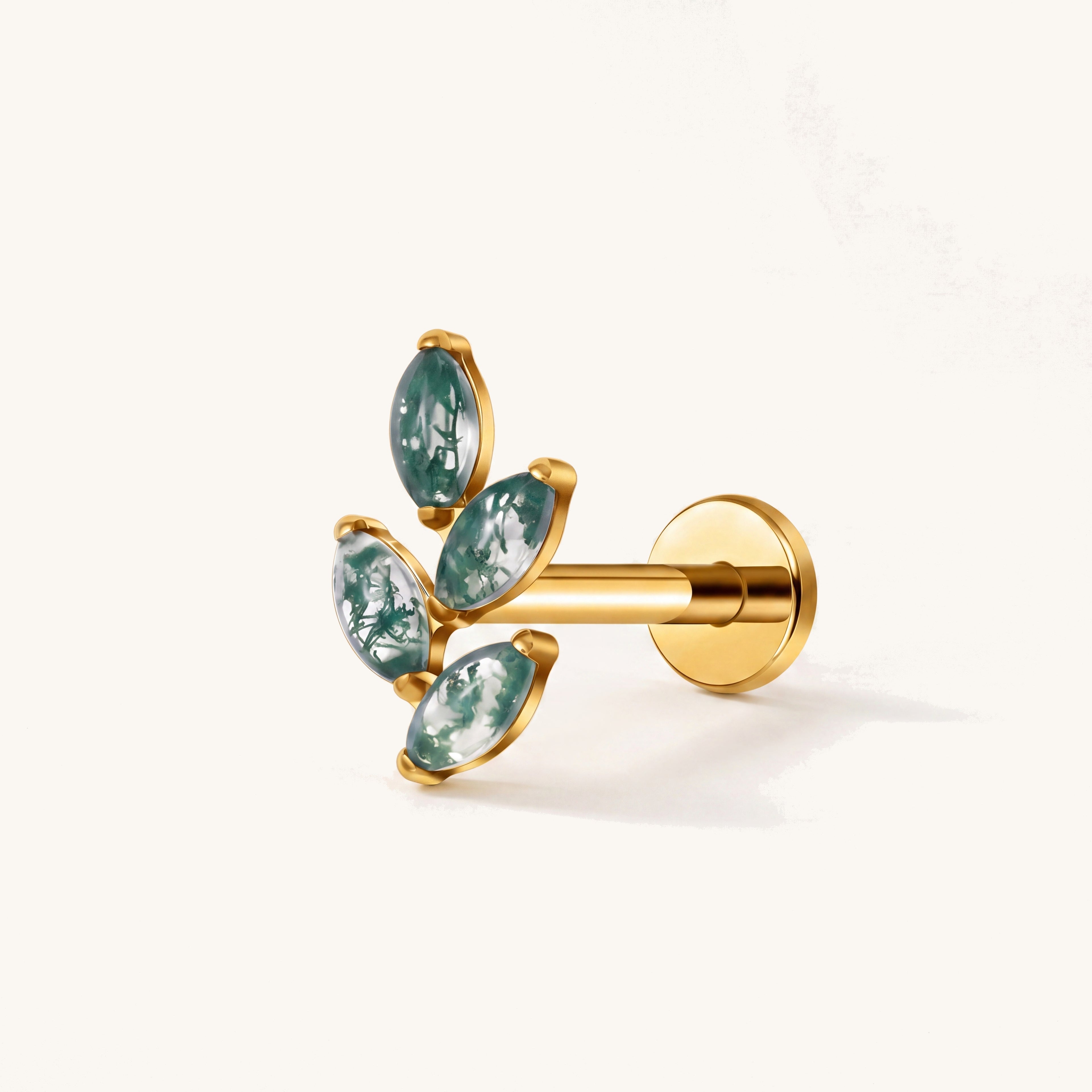 Moss Agate Leaf Spray Titanium Flat Back Earring - Gold