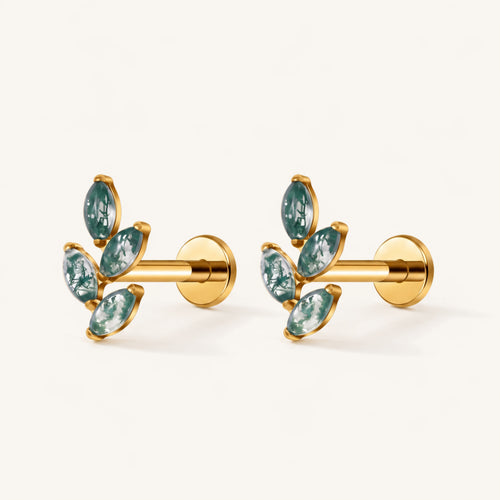 Moss Agate Leaf Spray Titanium Flat Back Earring - Gold