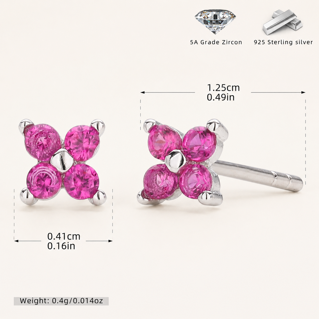 Sterling Silver Four-Petal Flower Stud Earrings - Platinum / Red