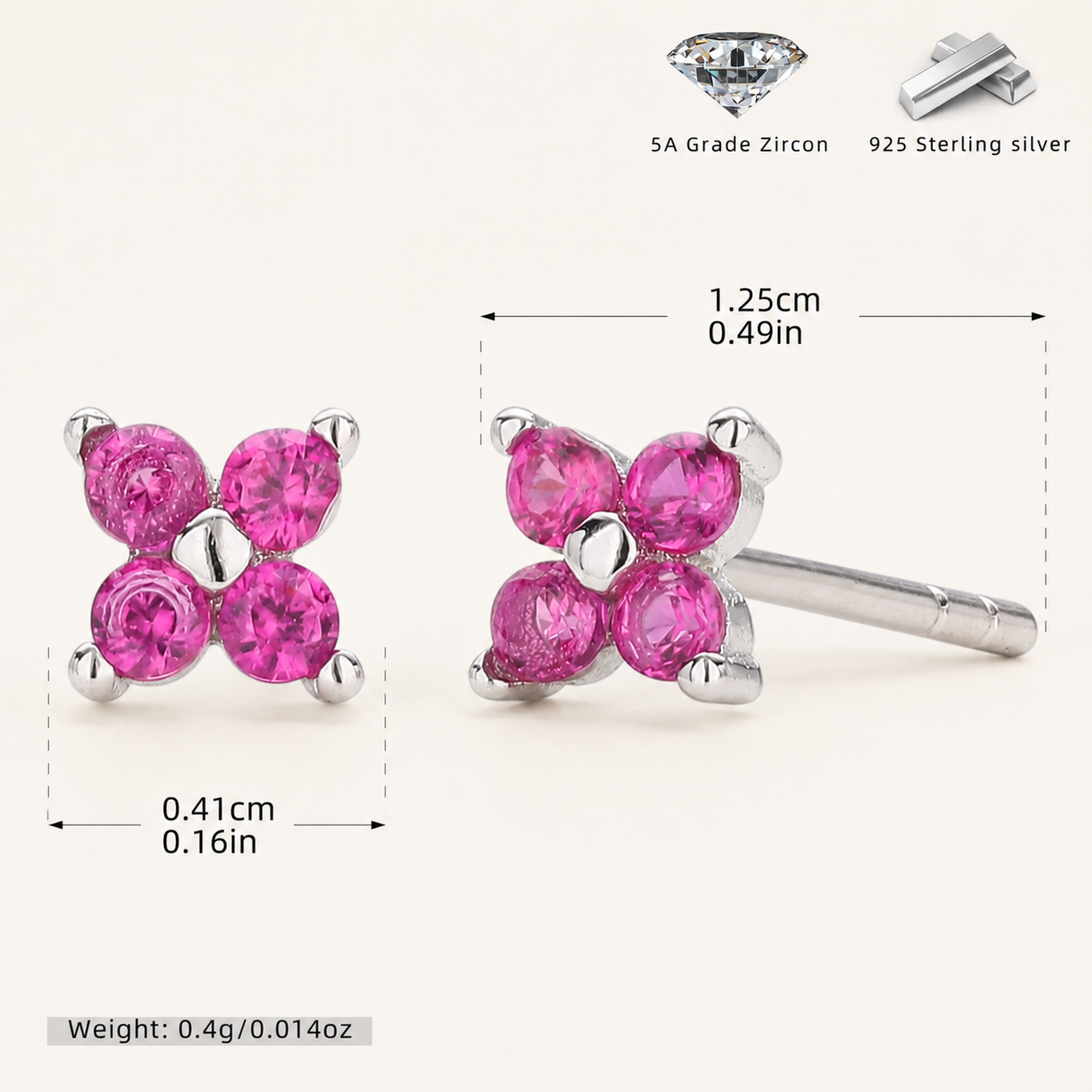 Sterling Silver Four-Petal Flower Stud Earrings - Platinum / Red