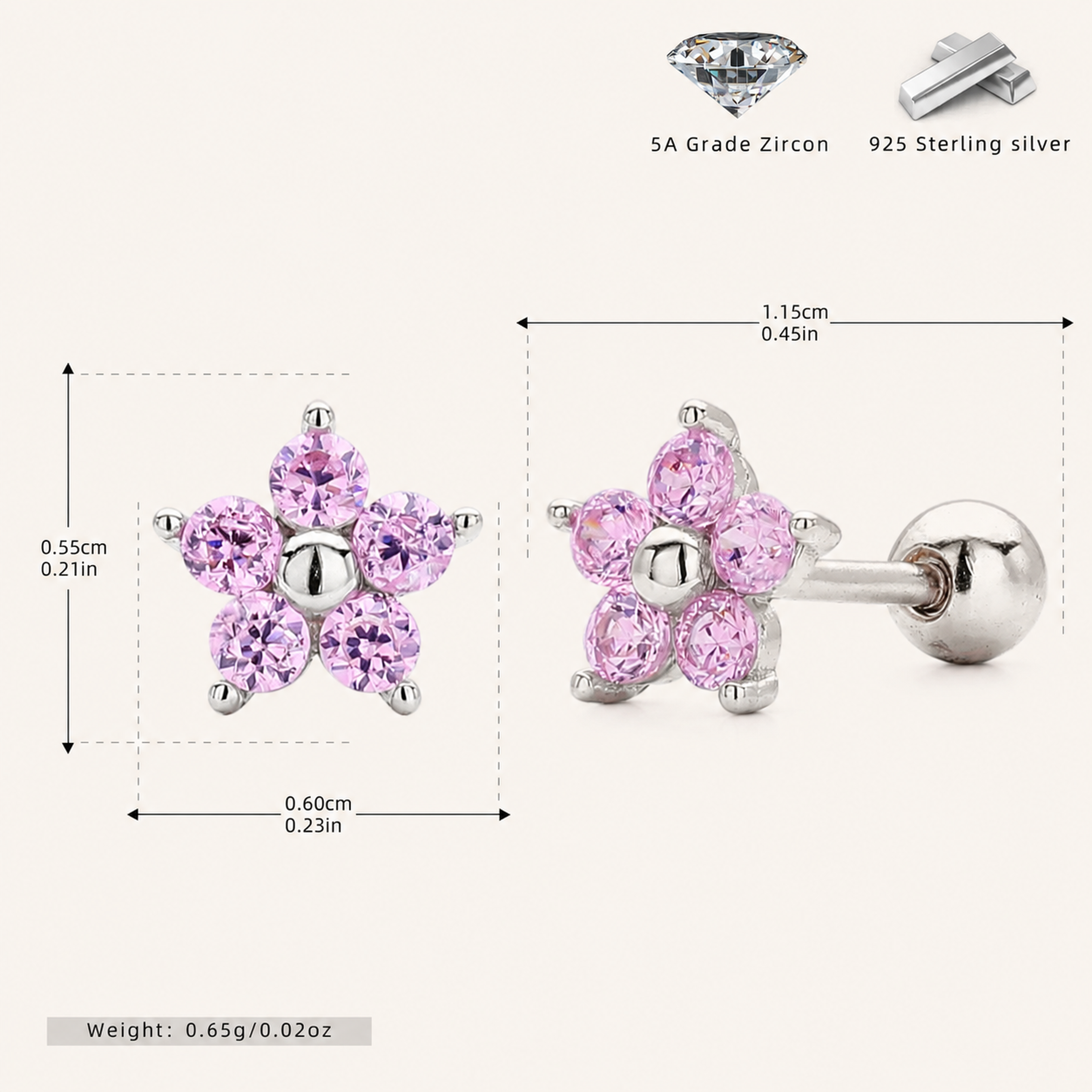 Sterling Silver Five-Point Star Zirconia Flat Back Earrings - Platinum / Pink