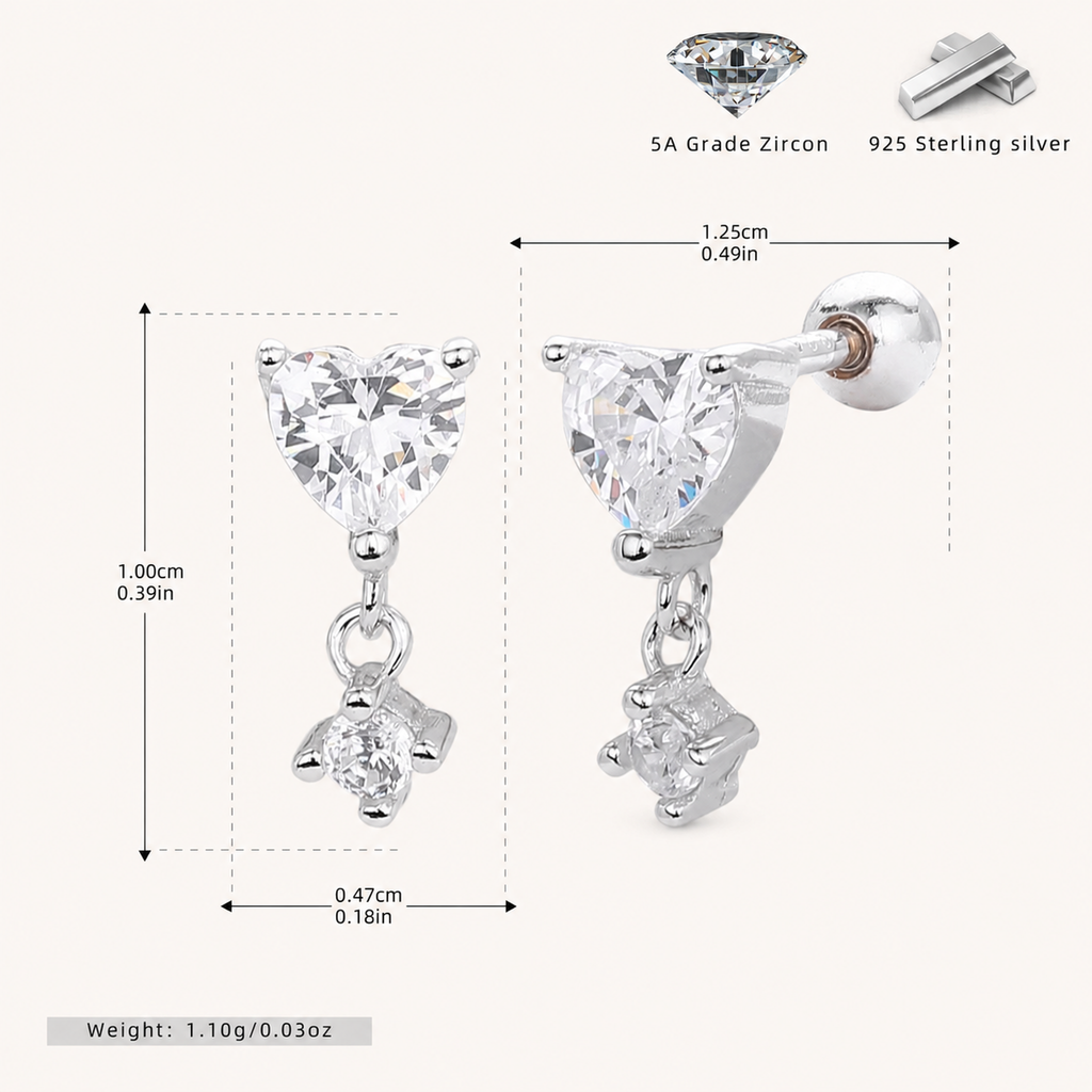 Sterling Silver Zirconia Heart Drop Flat Back Earrings - Platinum