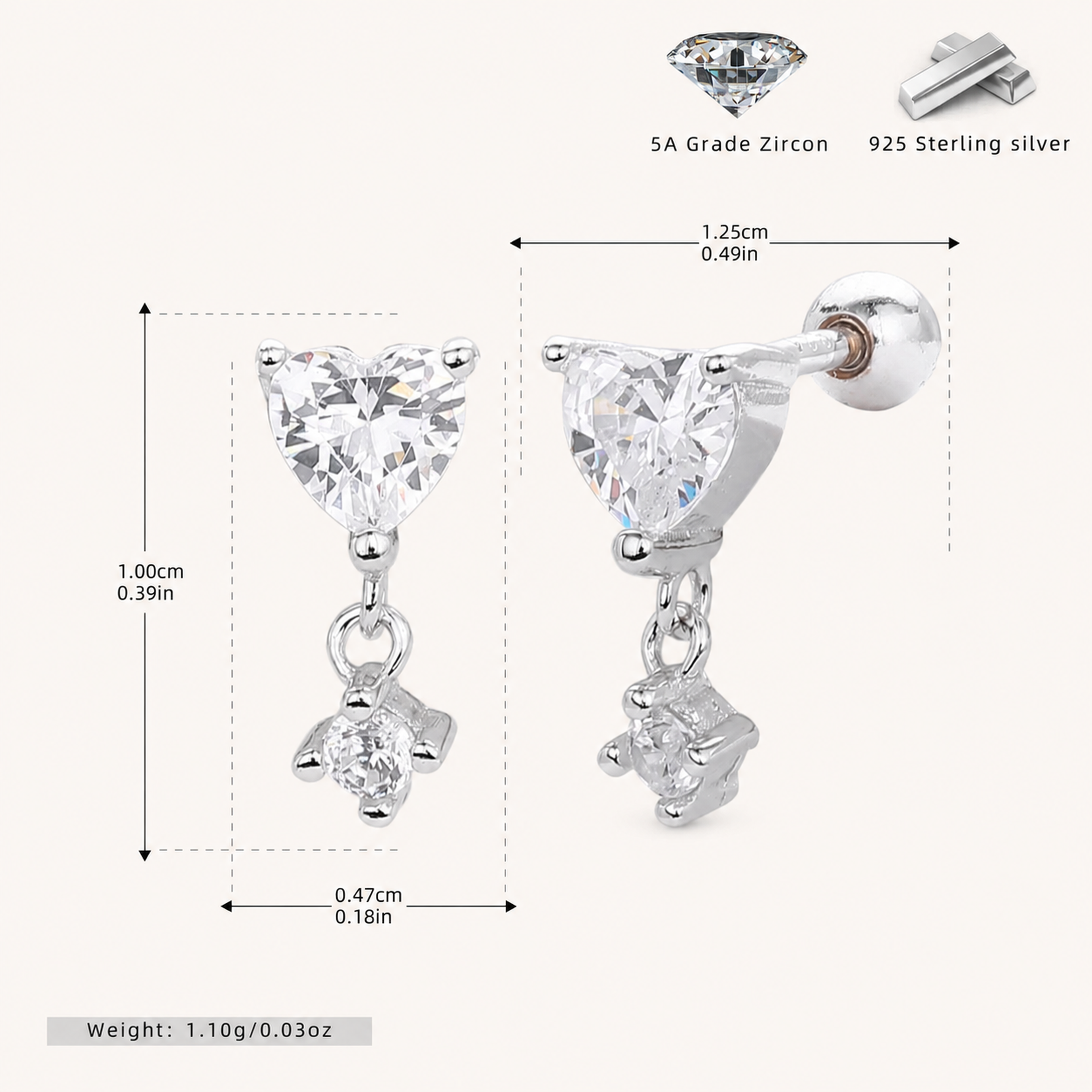Sterling Silver Zirconia Heart Drop Flat Back Earrings - Platinum